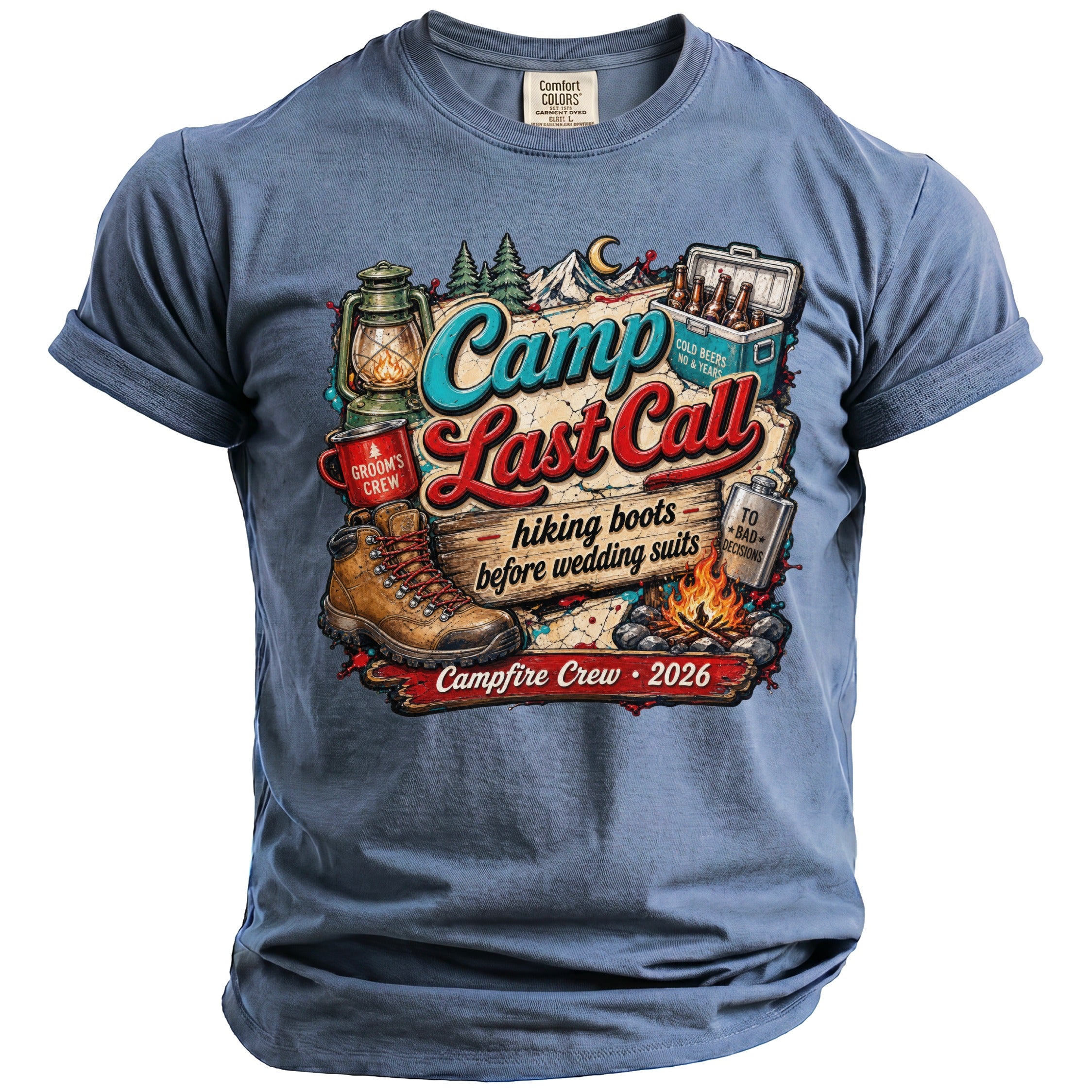 A blue crewneck t-shirt featuring a camping graphic with mountains, a lantern, a cooler, and the text Camp Last Call.