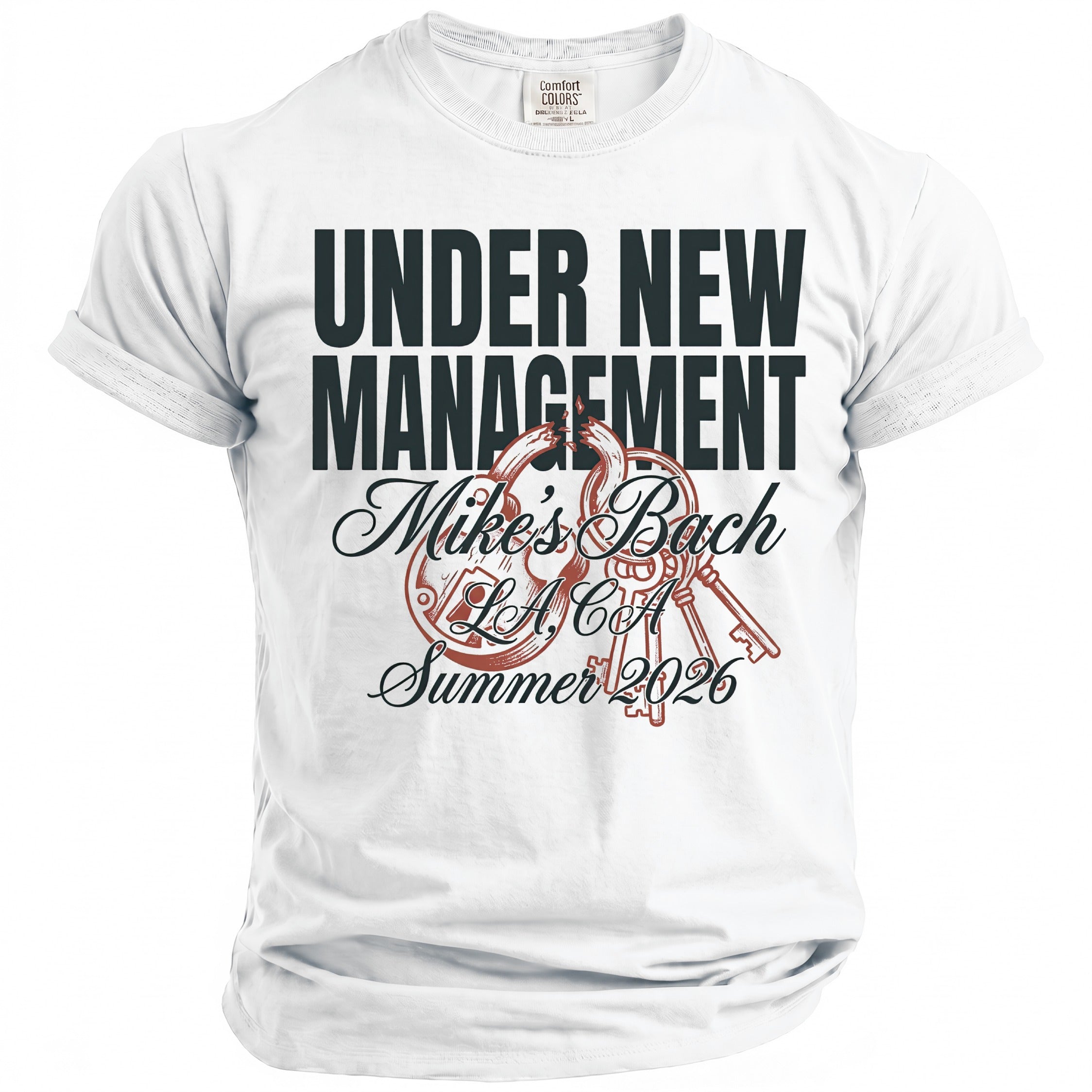 White t-shirt with "Under New Management Mike's Bach L.A. CA Summer 2026" text.