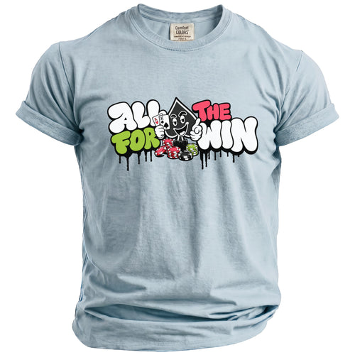 Light blue t-shirt with "All for the win" text and gambling graphics.