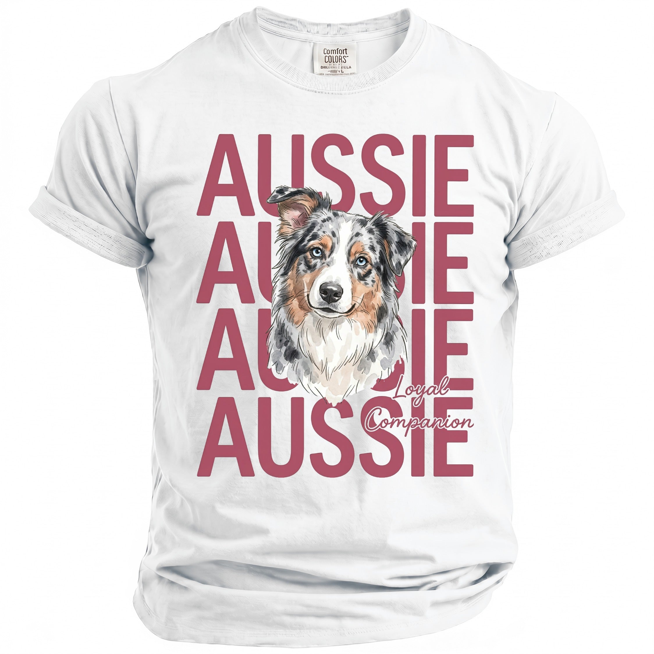 White t-shirt with watercolor Australian Shepherd and "Aussie Loyal Companion" text.