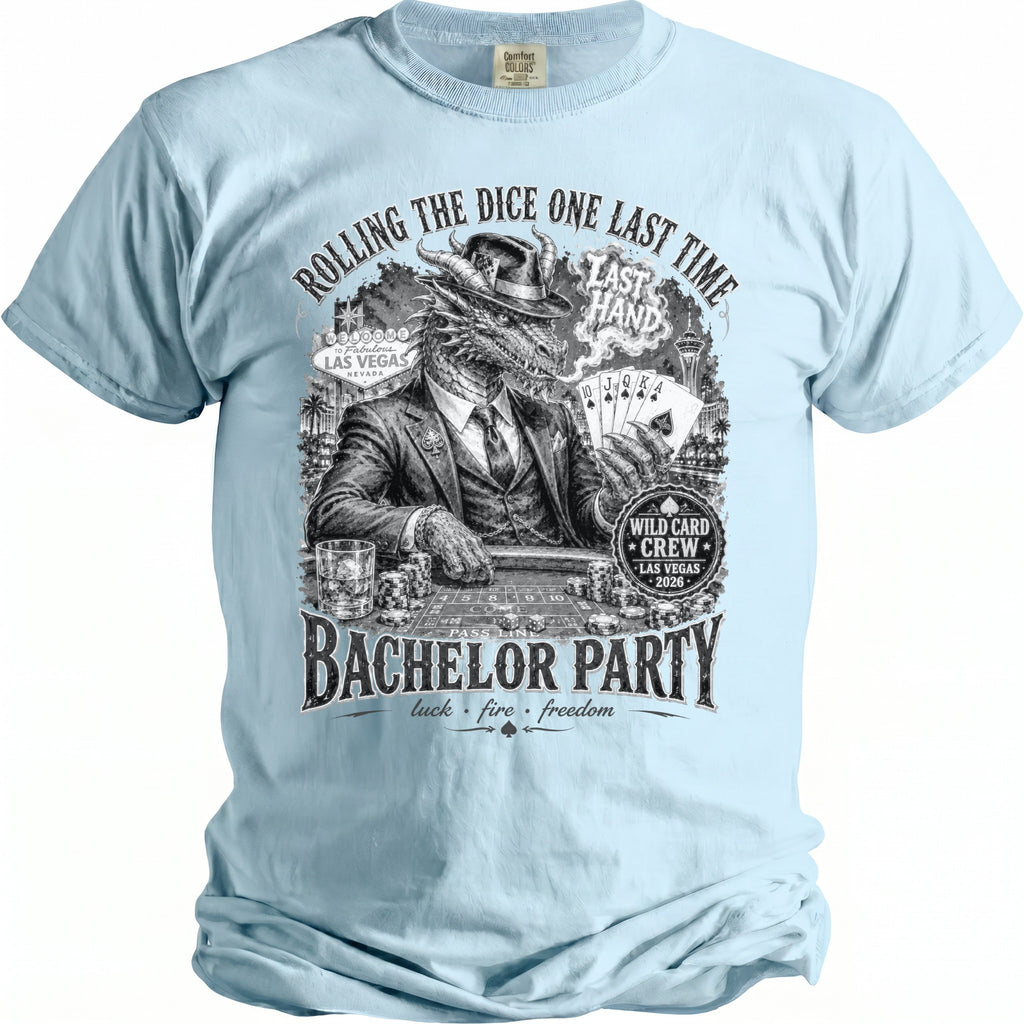 Dragon in a suit at a casino table, "Bachelor Party" text.