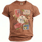 Brown t-shirt with graphic of travel stamps, flowers, and text for "Red, White & I Do Alex's Bachelor Party."