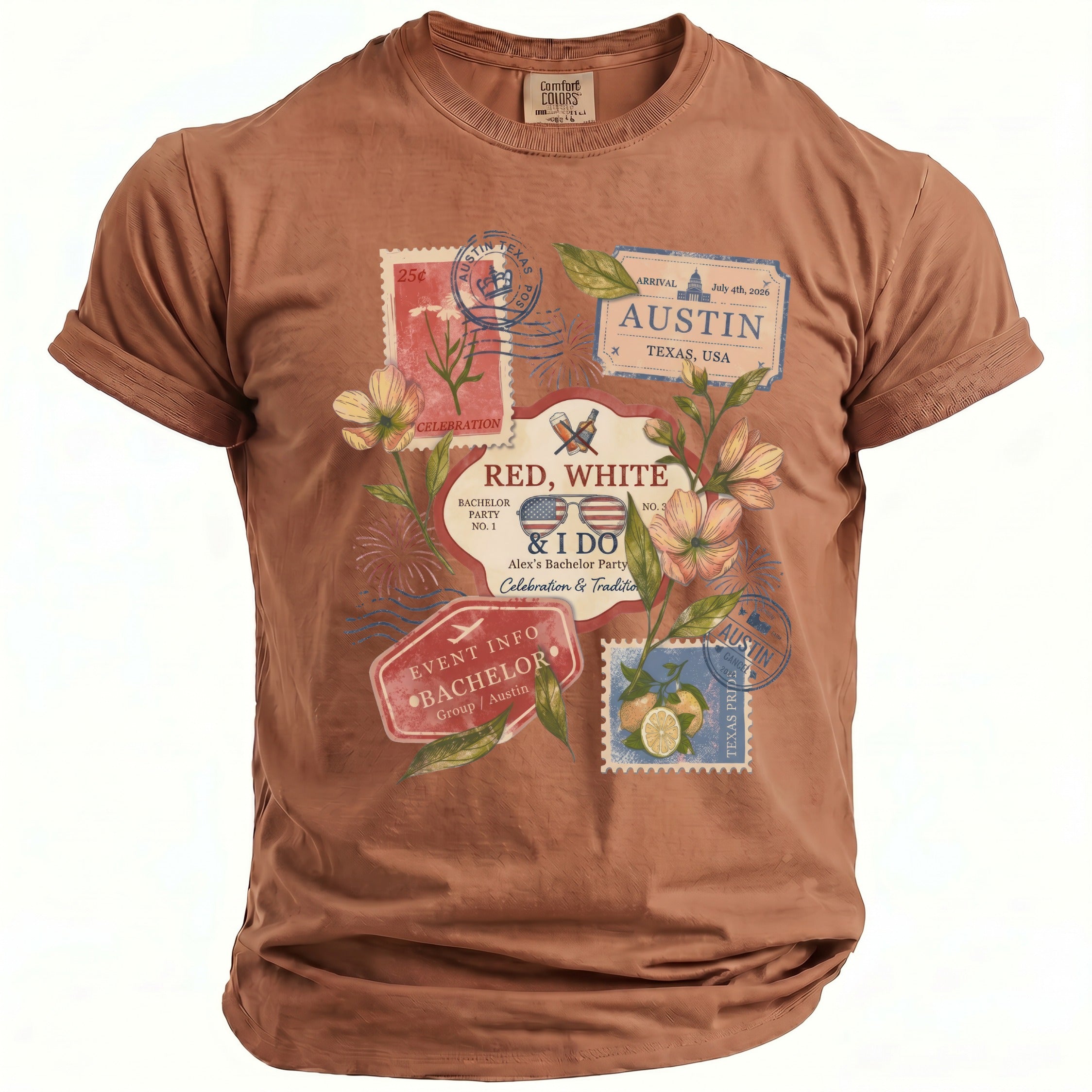 Brown t-shirt with graphic of travel stamps, flowers, and text for "Red, White & I Do Alex's Bachelor Party."
