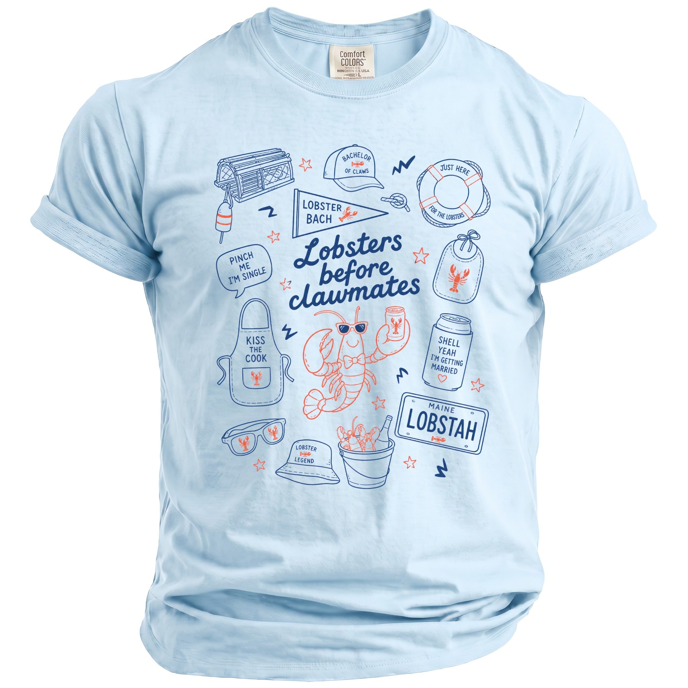 Light blue t-shirt with lobster themed bachelor party graphics and text.