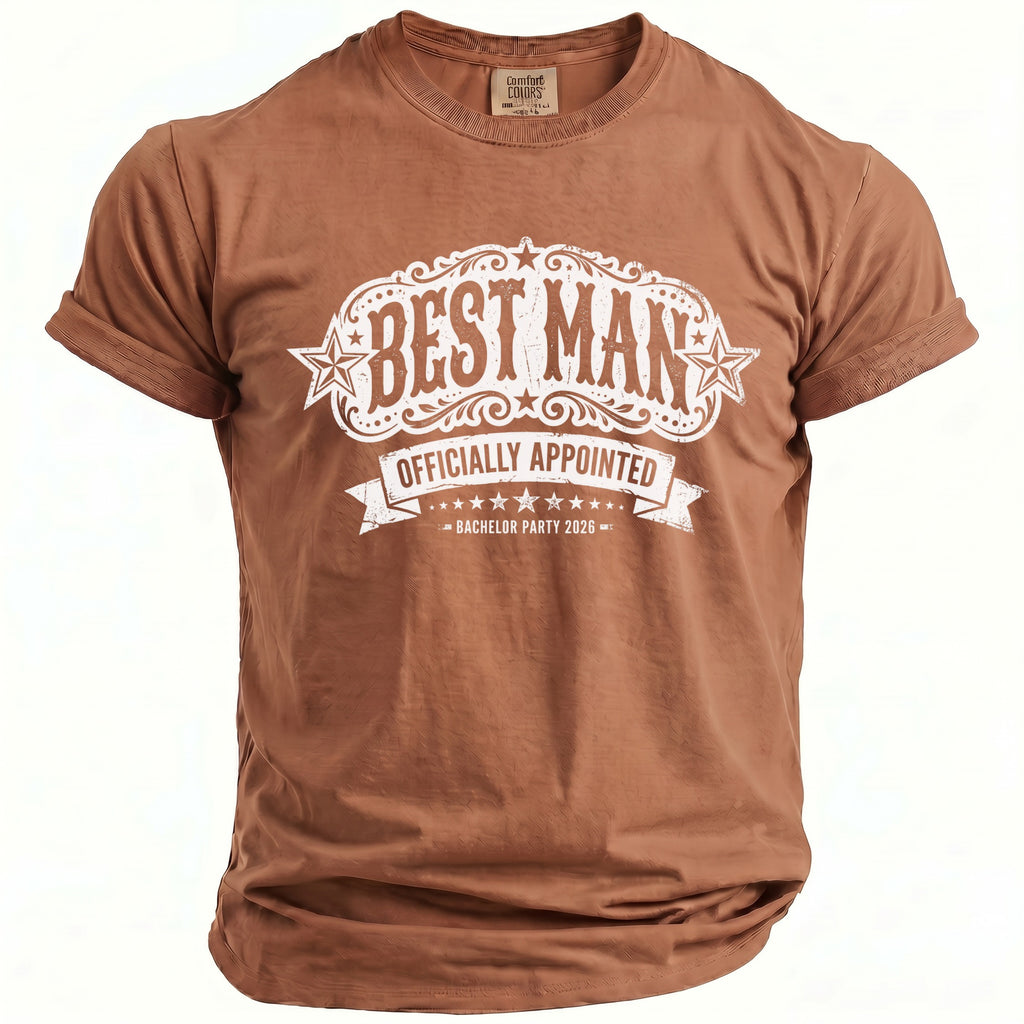 Brown t-shirt with "BEST MAN" and "OFFICIALLY APPOINTED" text for Bachelor Party 2026.