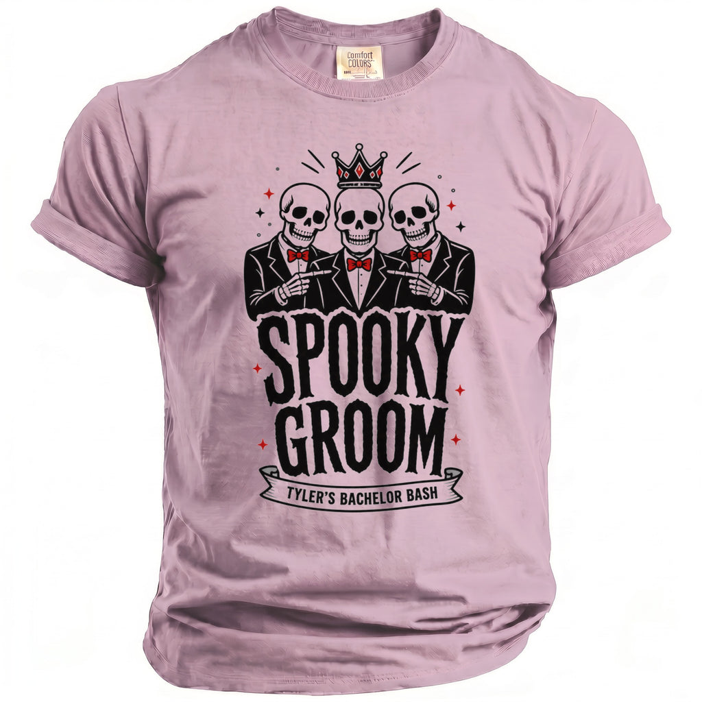 T-shirt with "Spooky Groom Tyler's Bachelor Bash" text featuring three skeletons.