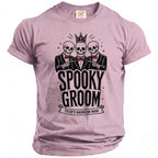T-shirt with "Spooky Groom Tyler's Bachelor Bash" text featuring three skeletons.