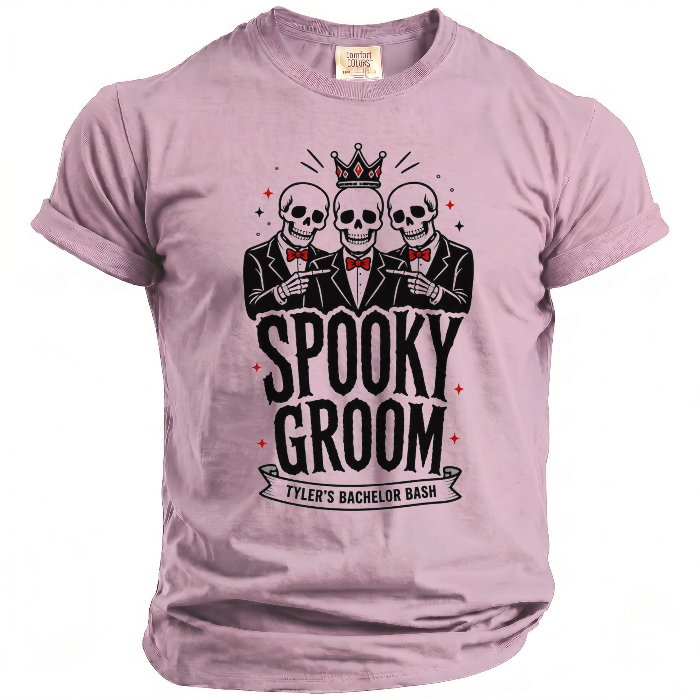 T-shirt with "Spooky Groom Tyler's Bachelor Bash" text featuring three skeletons.