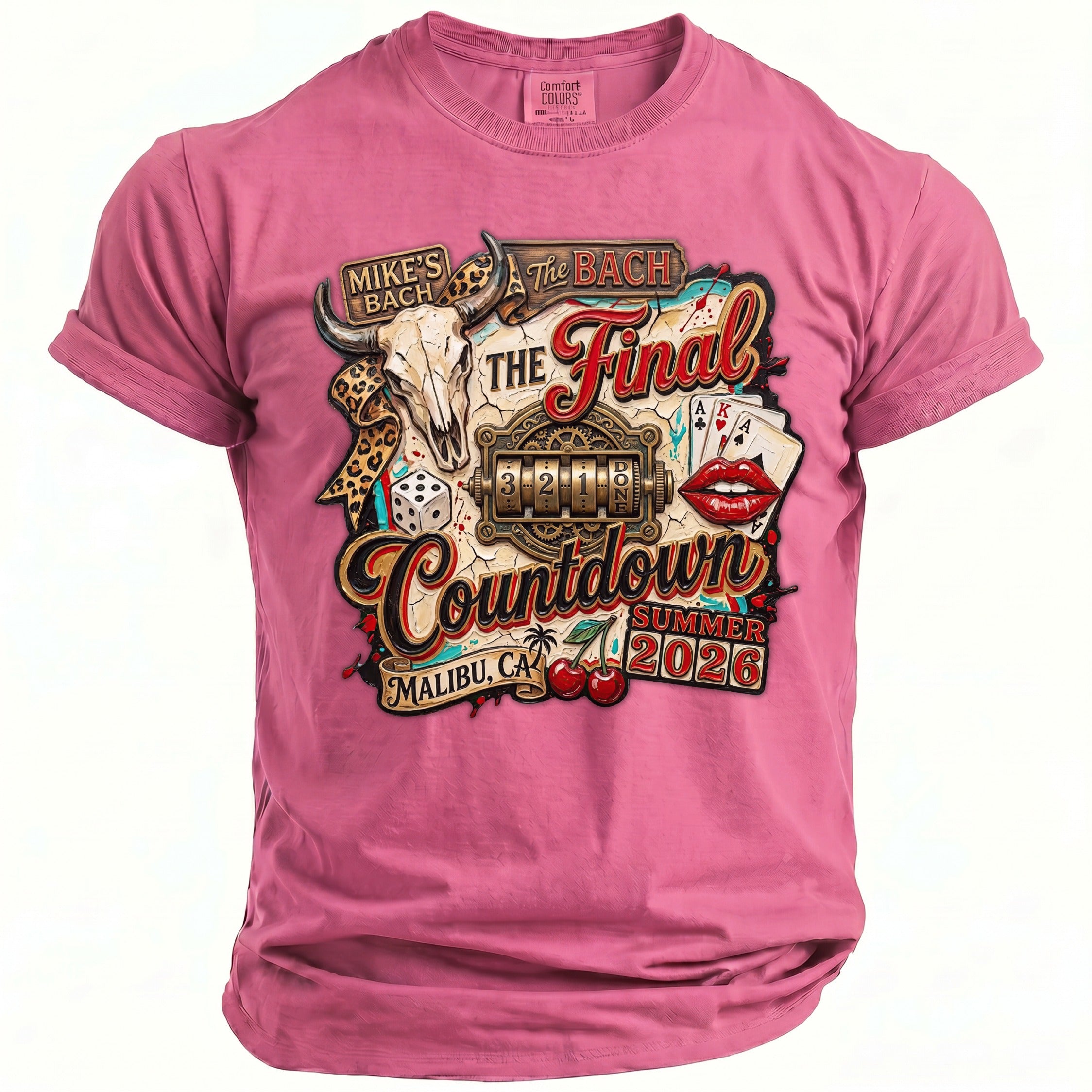 Pink t-shirt with "Mike's Bach The Bach The Final Countdown Summer 2026" graphic.
