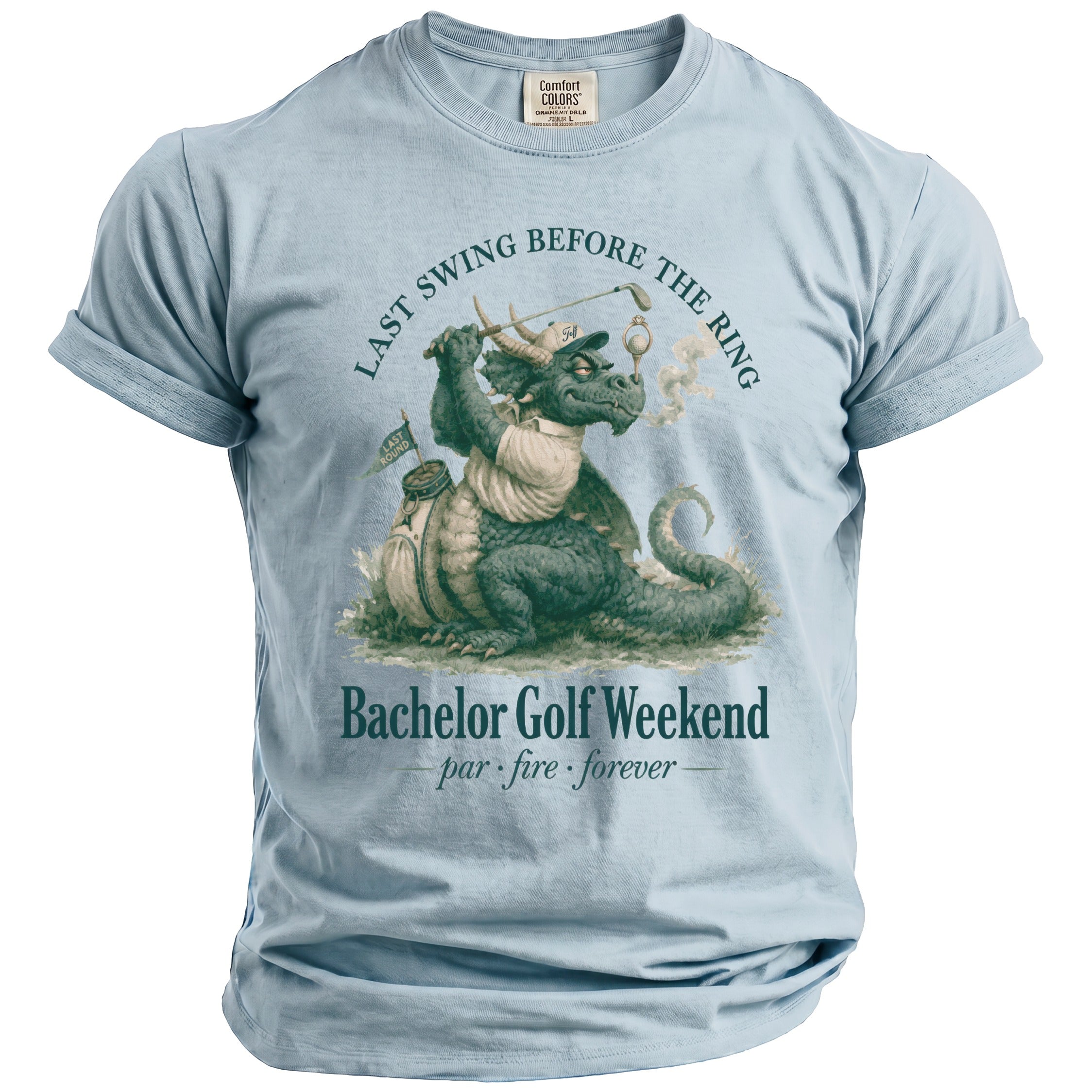 Light blue t-shirt with dragon golfer graphic and text "Bachelor Golf Weekend".
