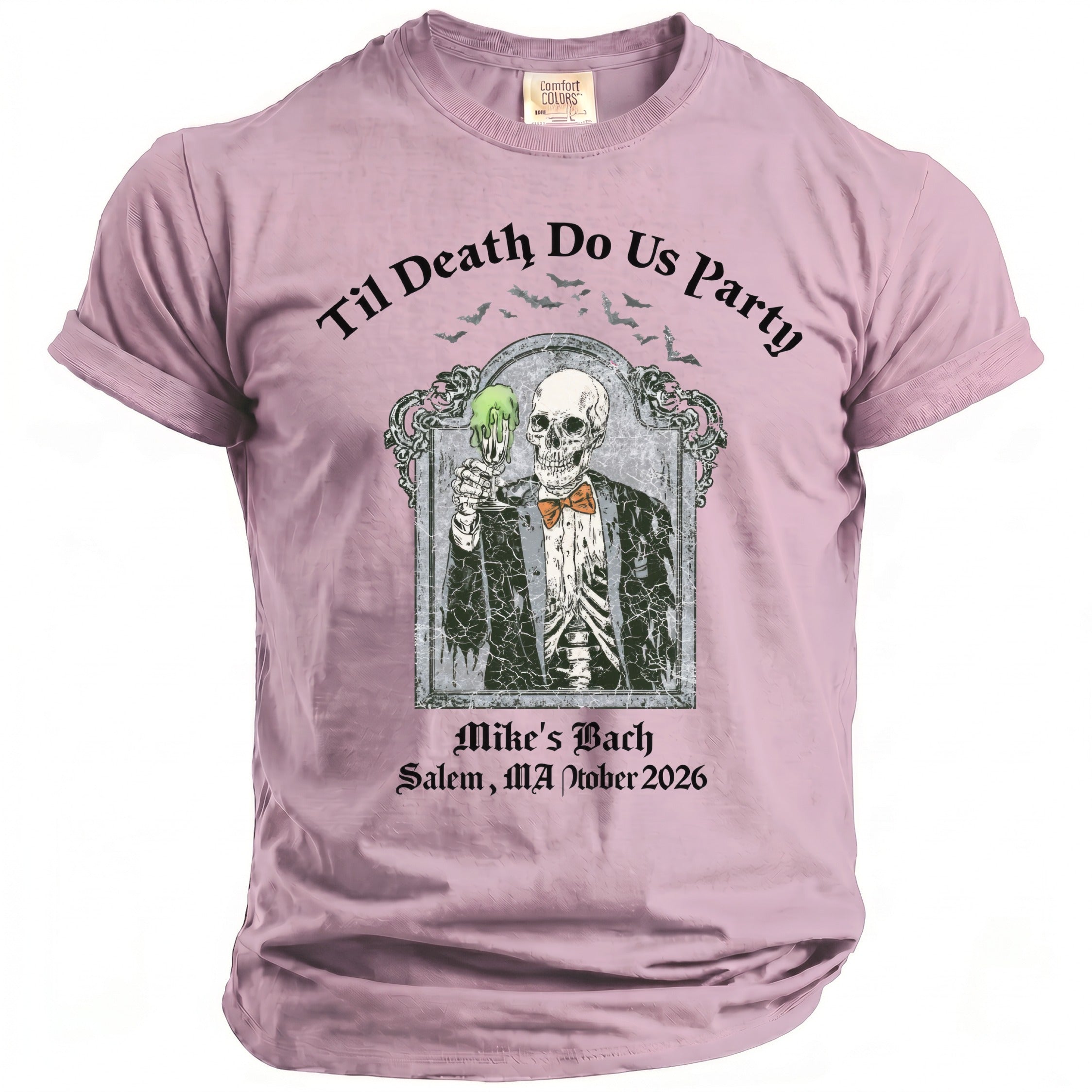 Skeleton in suit holding green drink, "Til Death Do Us Party" text.