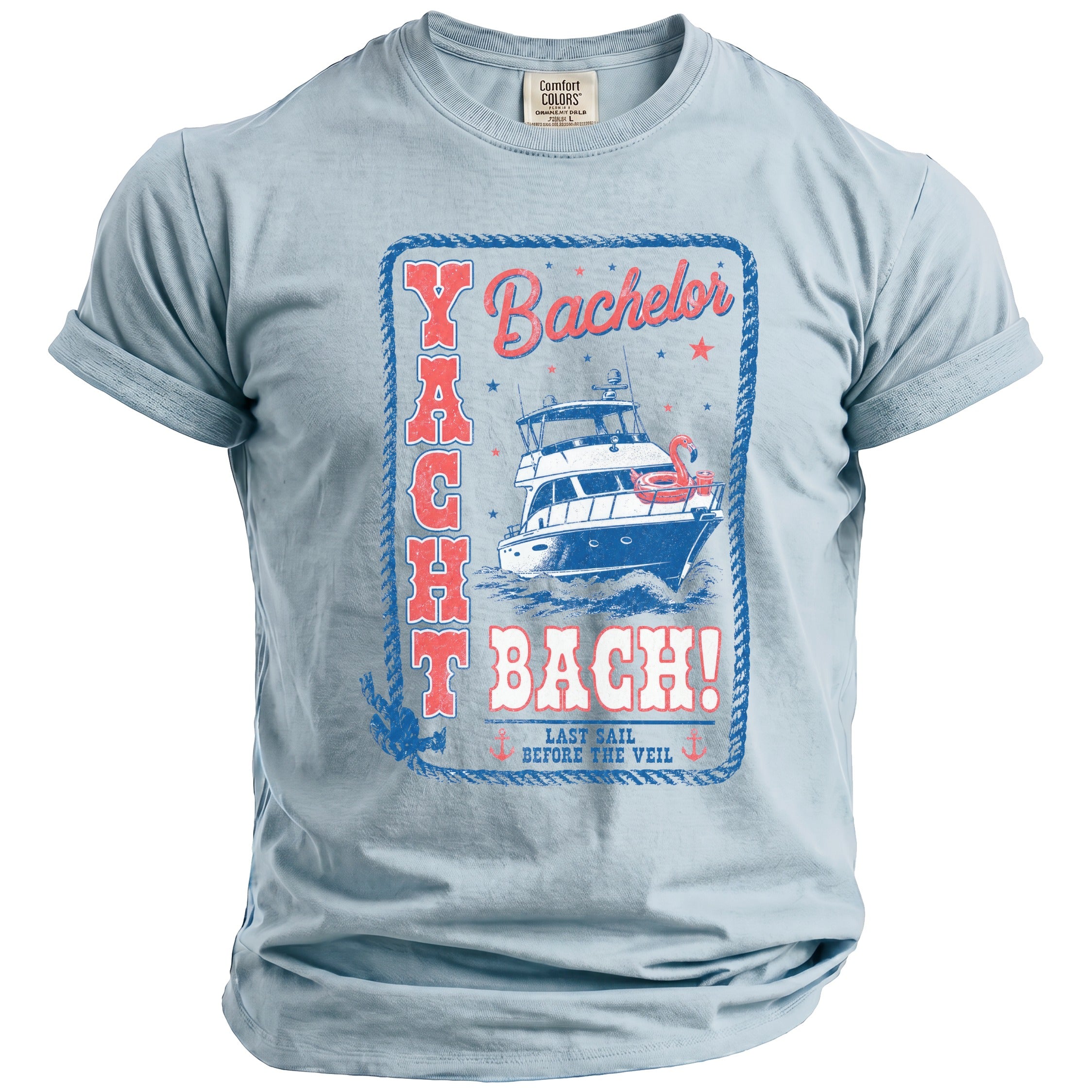 A light blue crewneck t-shirt with a vintage graphic featuring a yacht and text reading Yacht Bach.