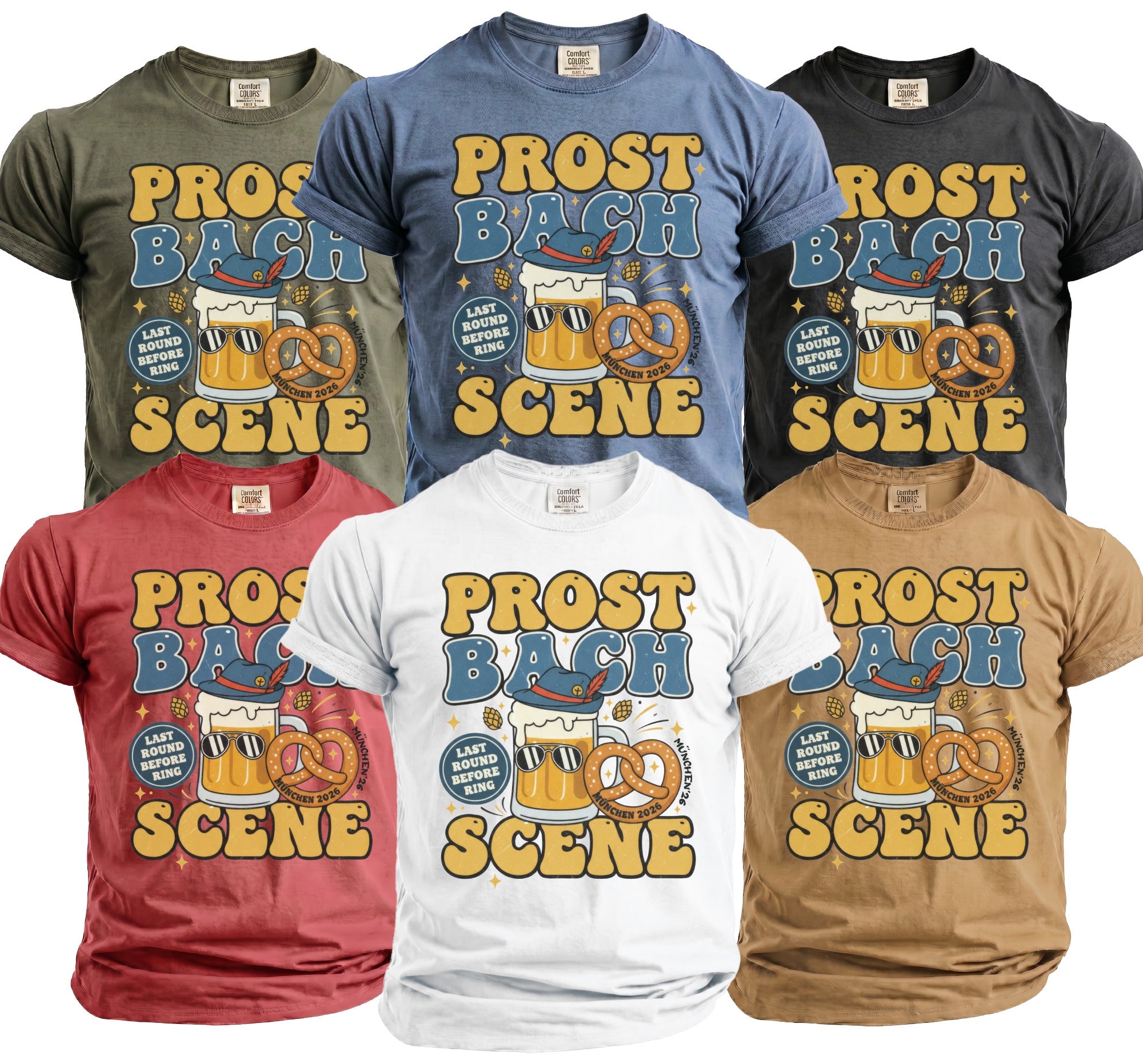 T-shirts featuring "Prost Bach Scene" graphic with beer, pretzel, and Munich 2026 text.