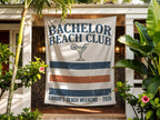 Bachelor Beach Club banner with cocktail, stripes, and "Groom's Beach Weekend - 2026" text.