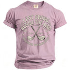 Purple t-shirt with crossed golf clubs and text: "LAST SWING BEFORE THE RING BACHELOR WEEKEND 2026".
