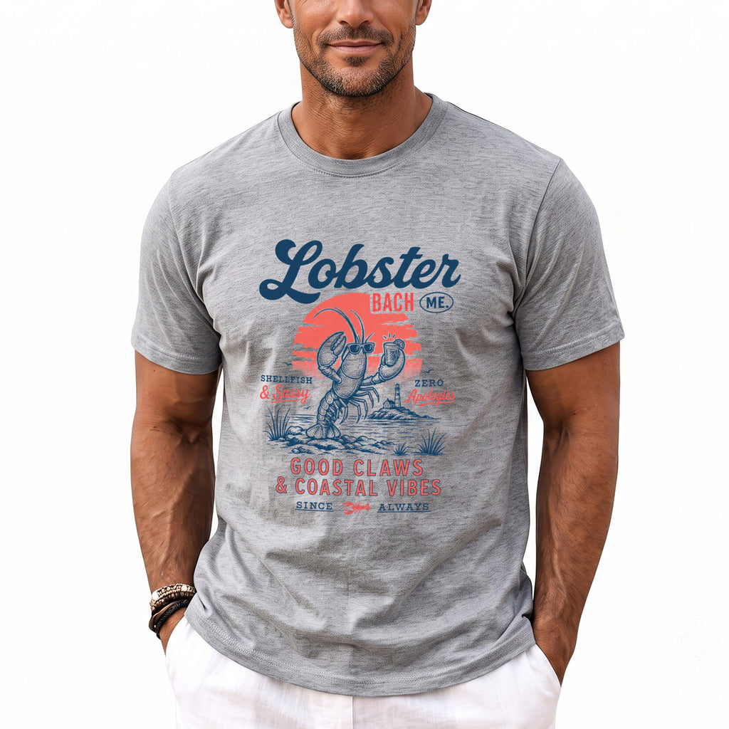 Gray t-shirt with lobster graphic and text "Lobster Bach Me."