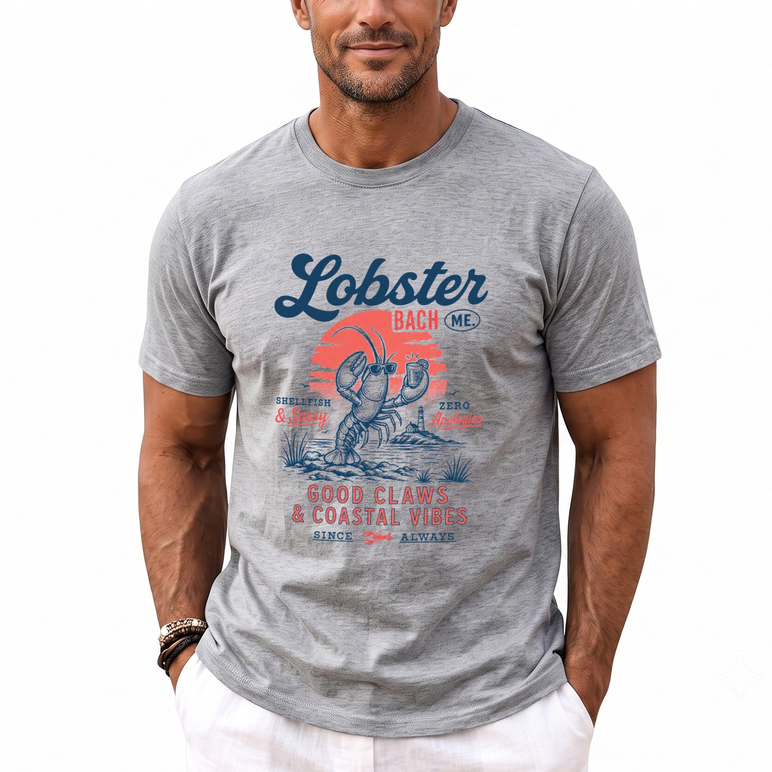Gray t-shirt with lobster graphic and text "Lobster Bach Me."