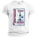 White t-shirt with "Bachelors Vino Dates" design featuring a wine bottle and glass.
