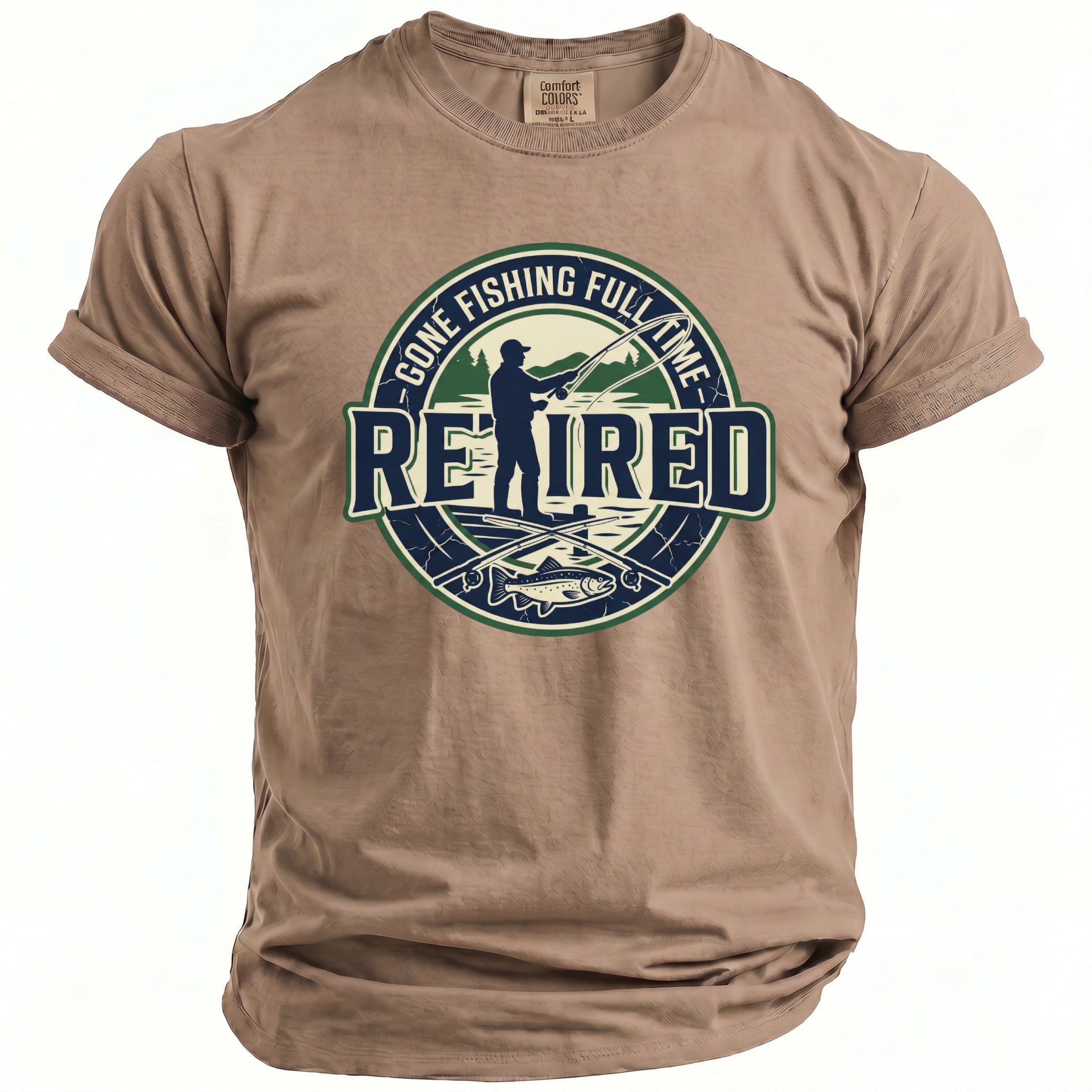 T-shirt with a graphic that says "Retired" and depicts a fisherman.