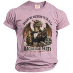 Dragon in tuxedo holding beer and ring, with chips and text "Bachelor Party".