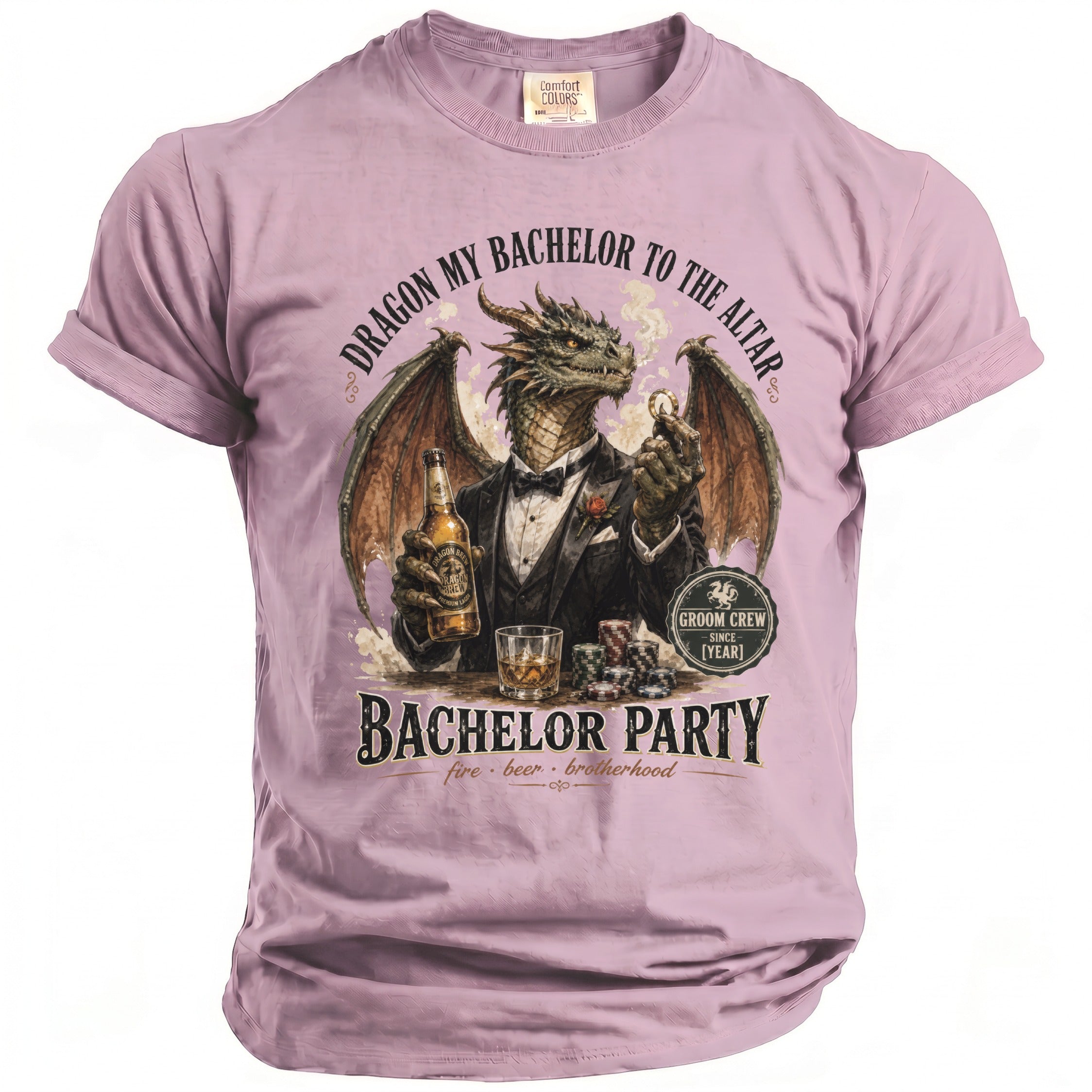 Dragon in tuxedo holding beer and ring, with chips and text "Bachelor Party".