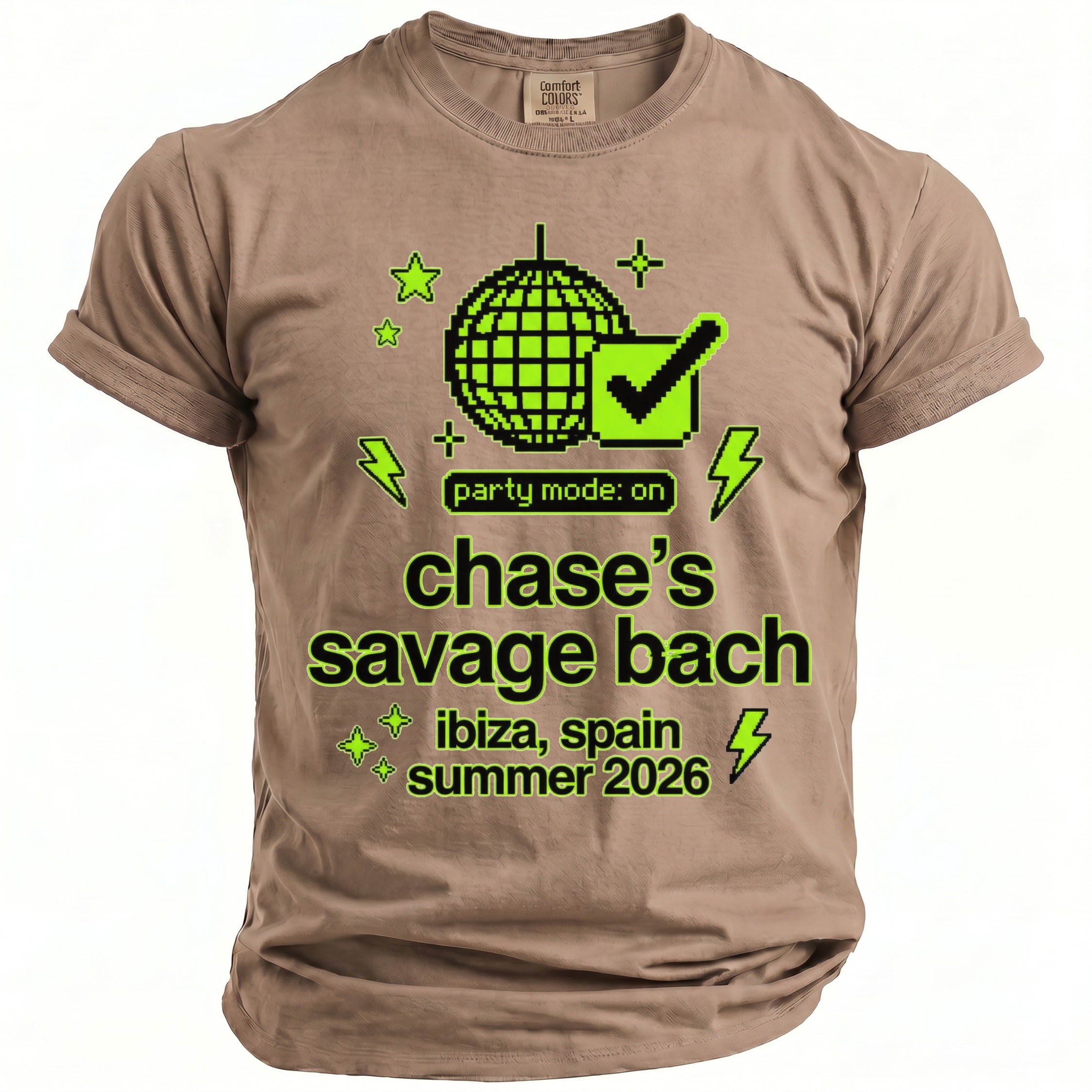 Tan t-shirt with "party mode: on chase's savage bach ibiza, spain summer 2026" graphic.