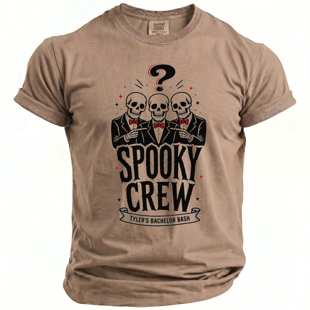 T-shirt with three skulls in suits and the text "Spooky Crew Tyler's Bachelor Bash".