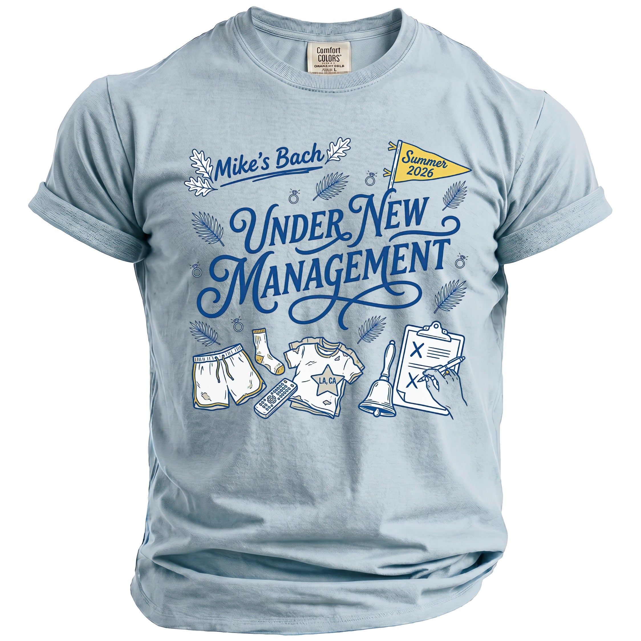 Light blue t-shirt with "Mike's Bach Under New Management Summer 2026" graphic.