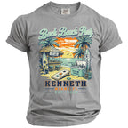 Grey t-shirt with "Bach Beach Party" graphic featuring a beach scene, cooler, and the name Kenneth.