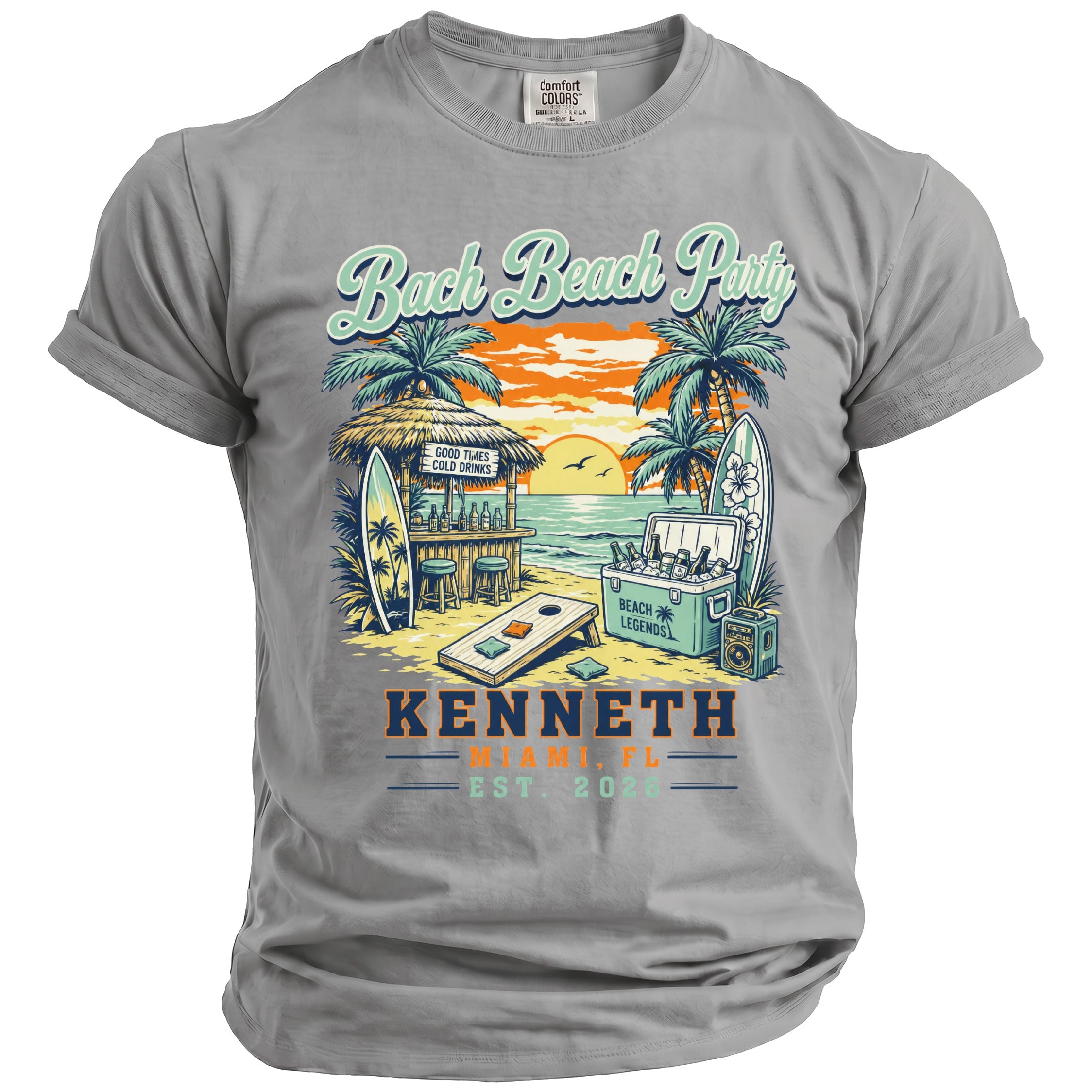 Grey t-shirt with "Bach Beach Party" graphic featuring a beach scene, cooler, and the name Kenneth.