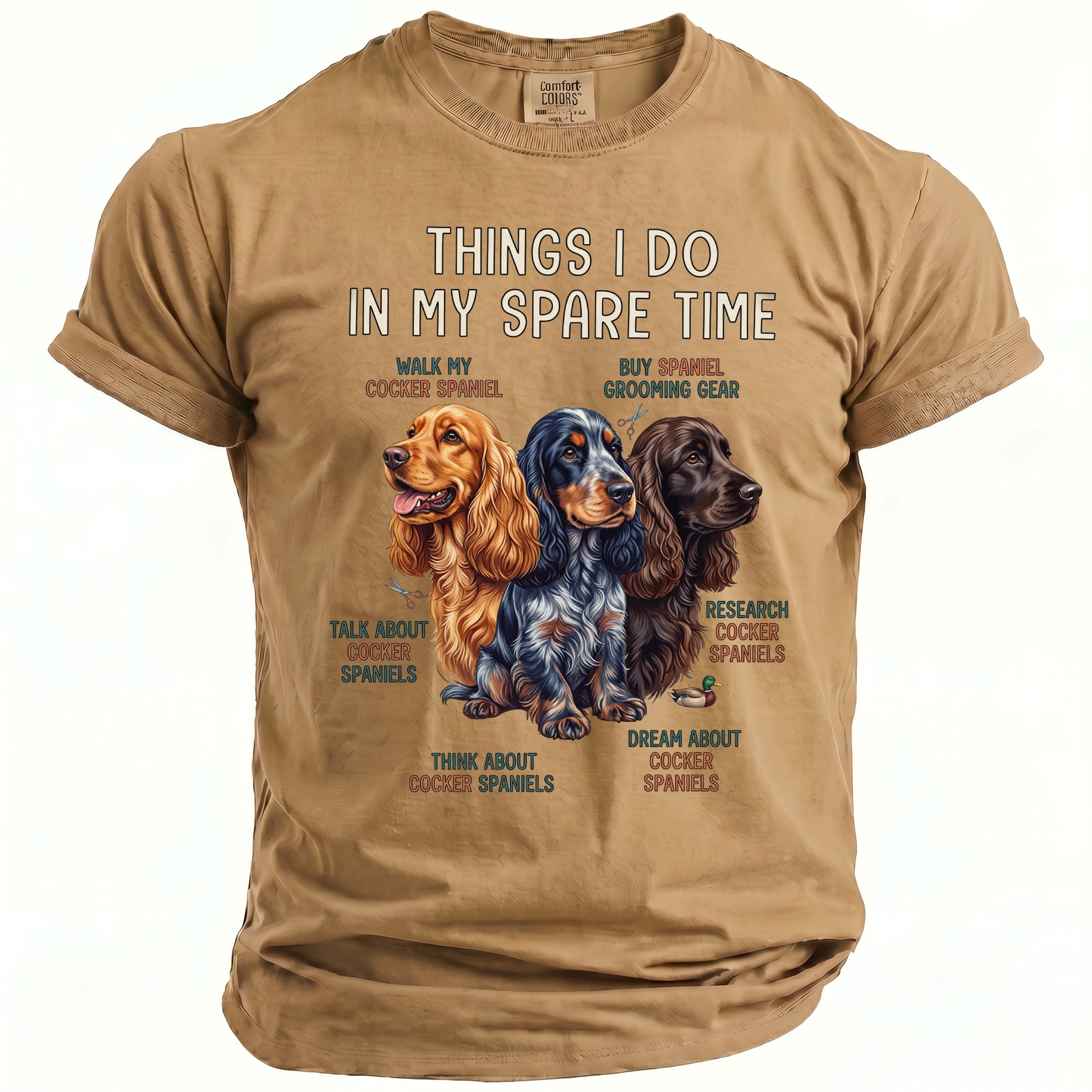 T-shirt with three cocker spaniels and text listing spare time activities.