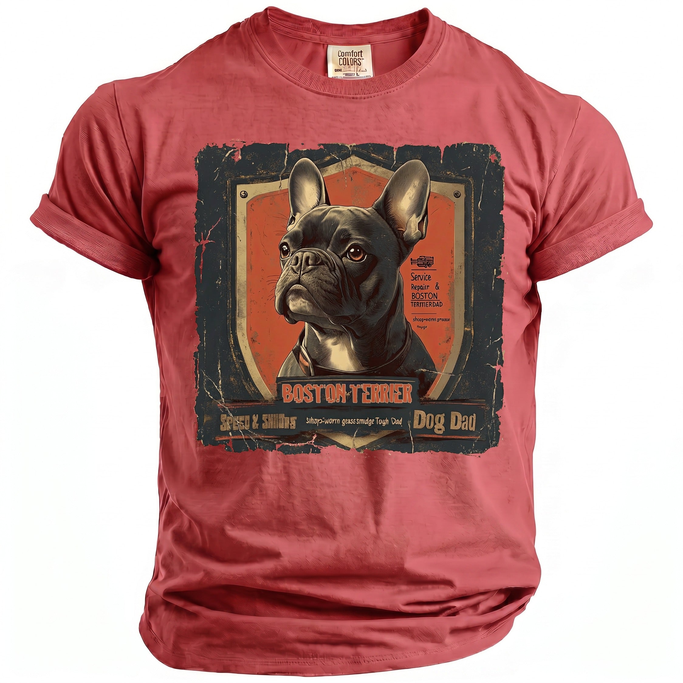 Red t-shirt with a distressed Boston Terrier graphic and text.