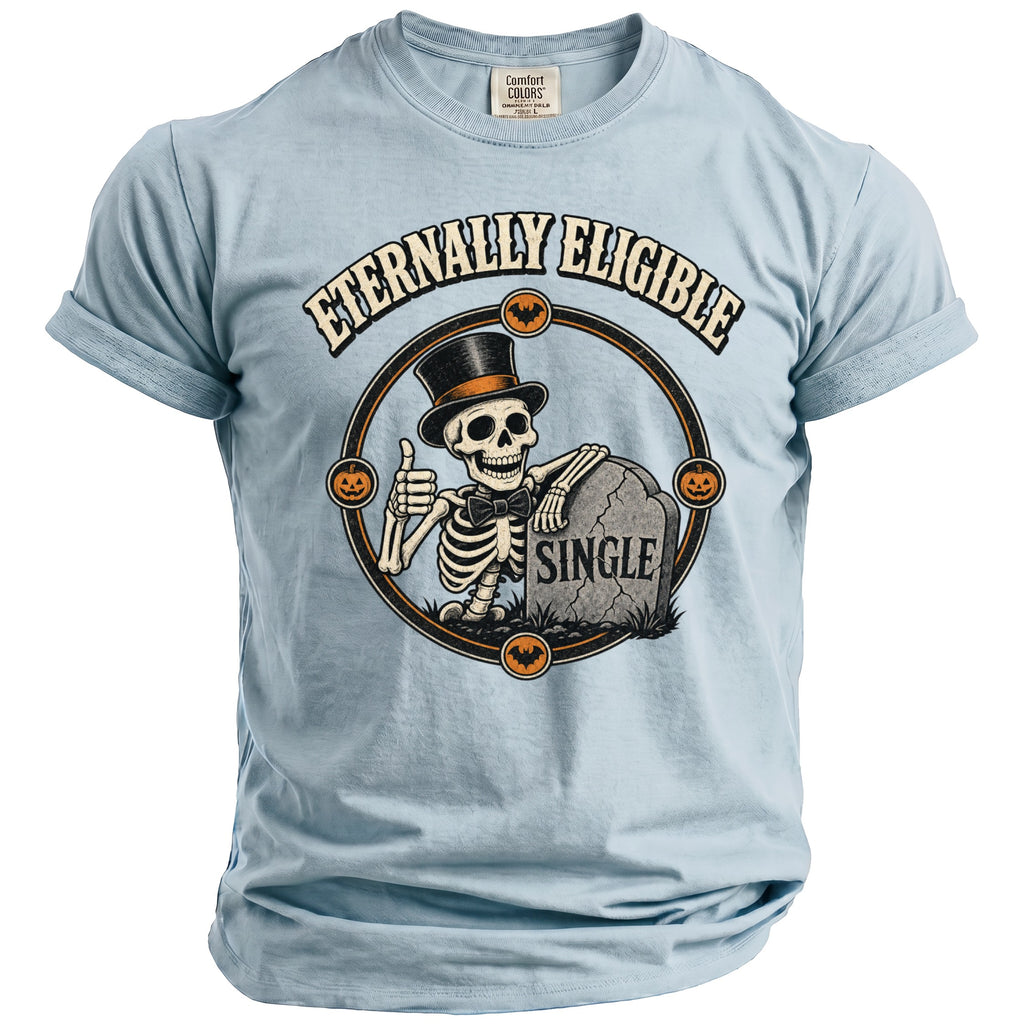 Light blue t-shirt with skeleton giving thumbs up next to "SINGLE" tombstone.