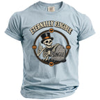 Light blue t-shirt with skeleton giving thumbs up next to "SINGLE" tombstone.