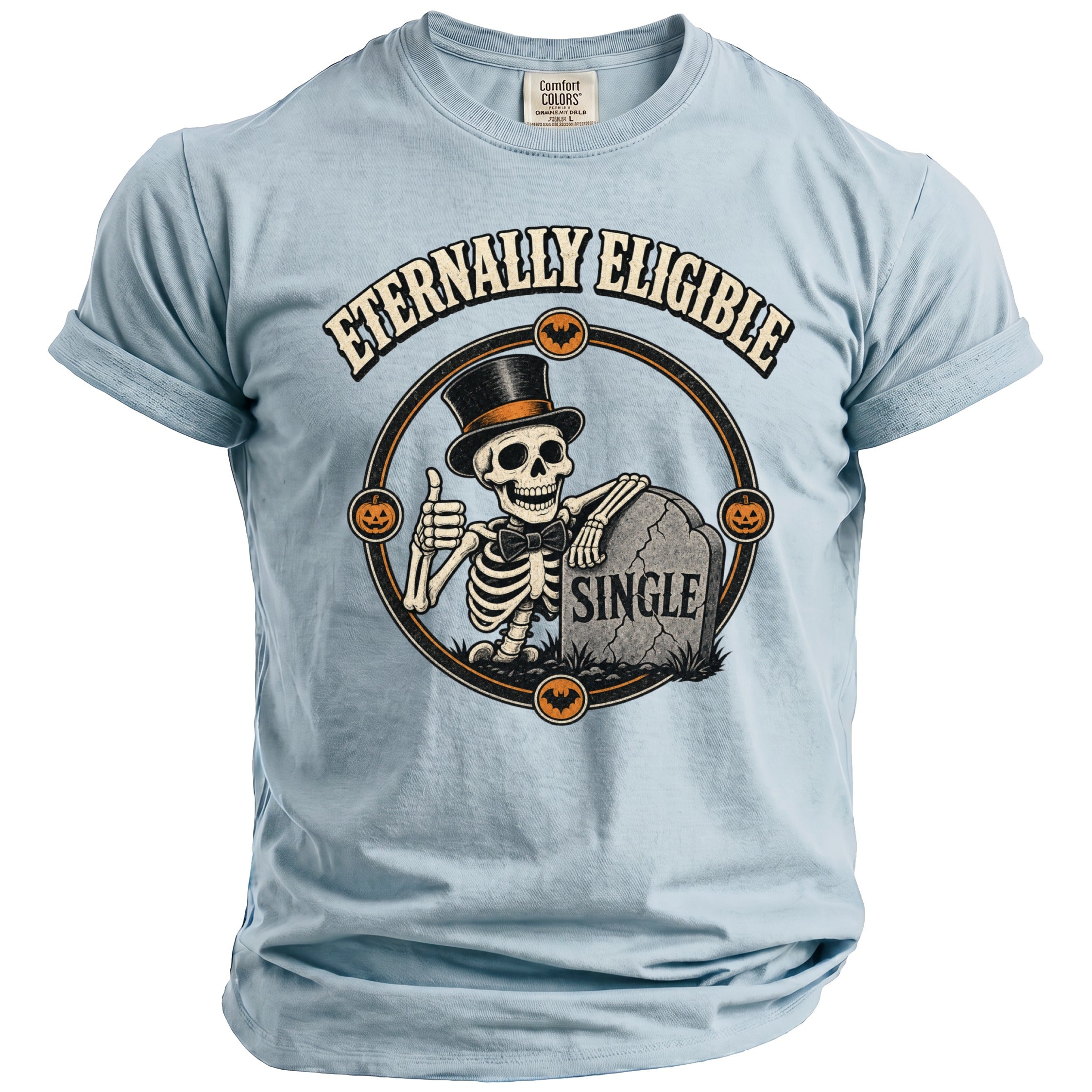 Light blue t-shirt with skeleton giving thumbs up next to "SINGLE" tombstone.