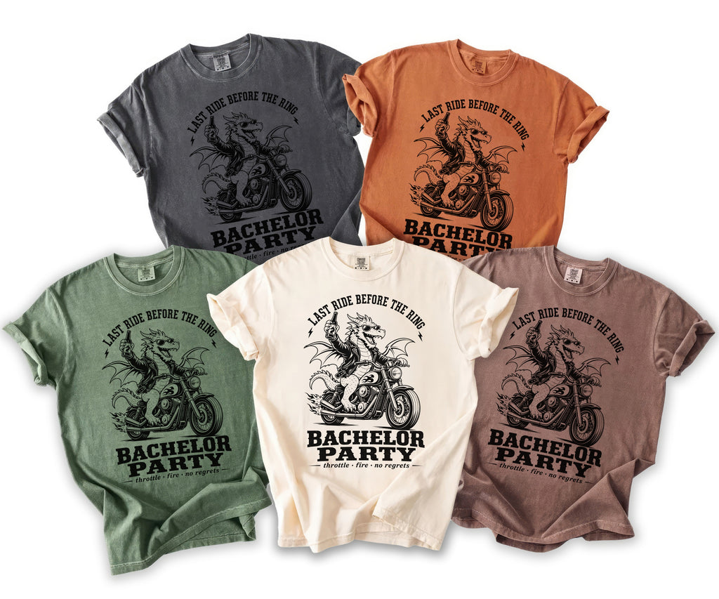 T-shirts featuring a dragon on a motorcycle graphic with text "Last Ride Before The Ring".