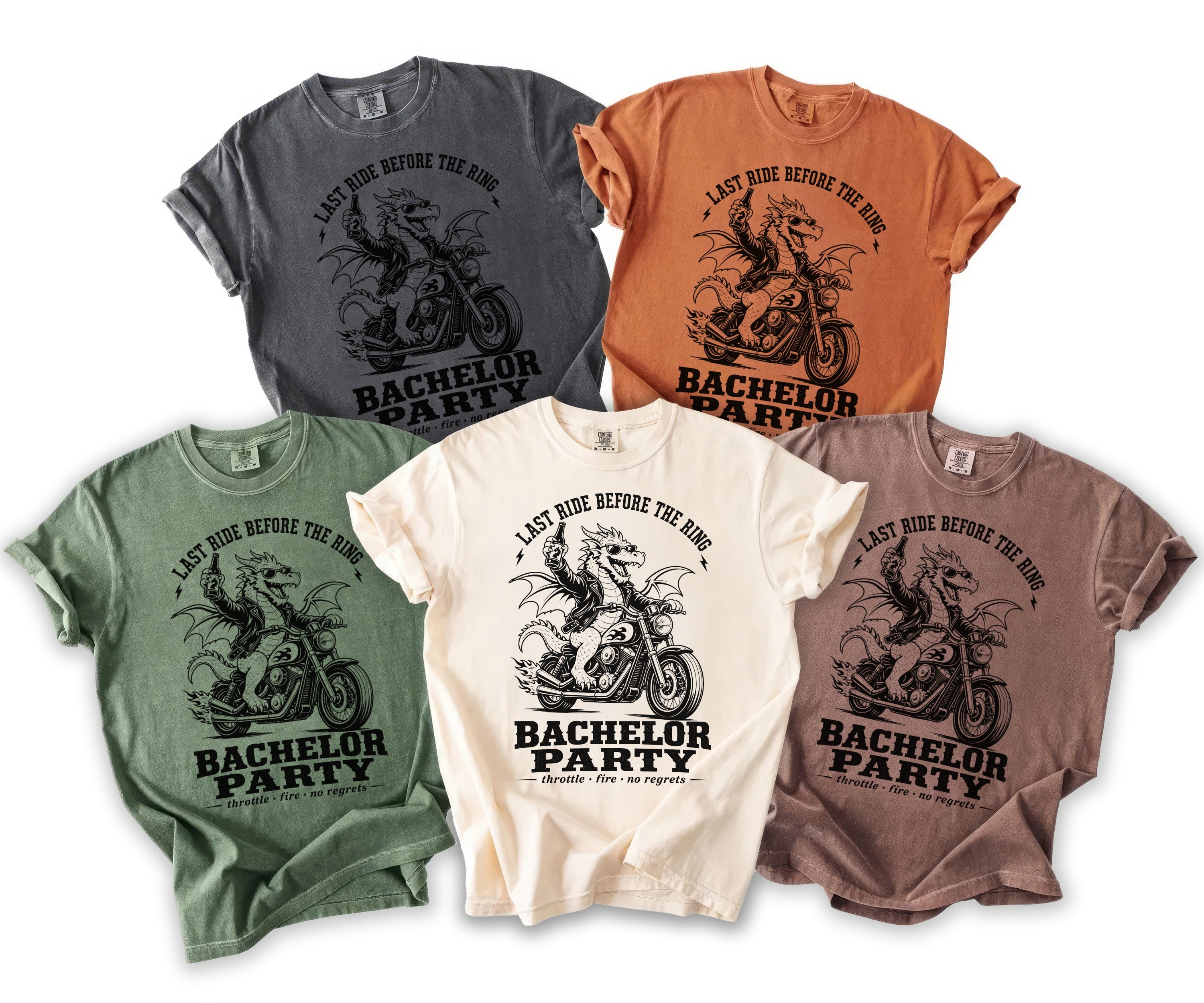 T-shirts featuring a dragon on a motorcycle graphic with text "Last Ride Before The Ring".