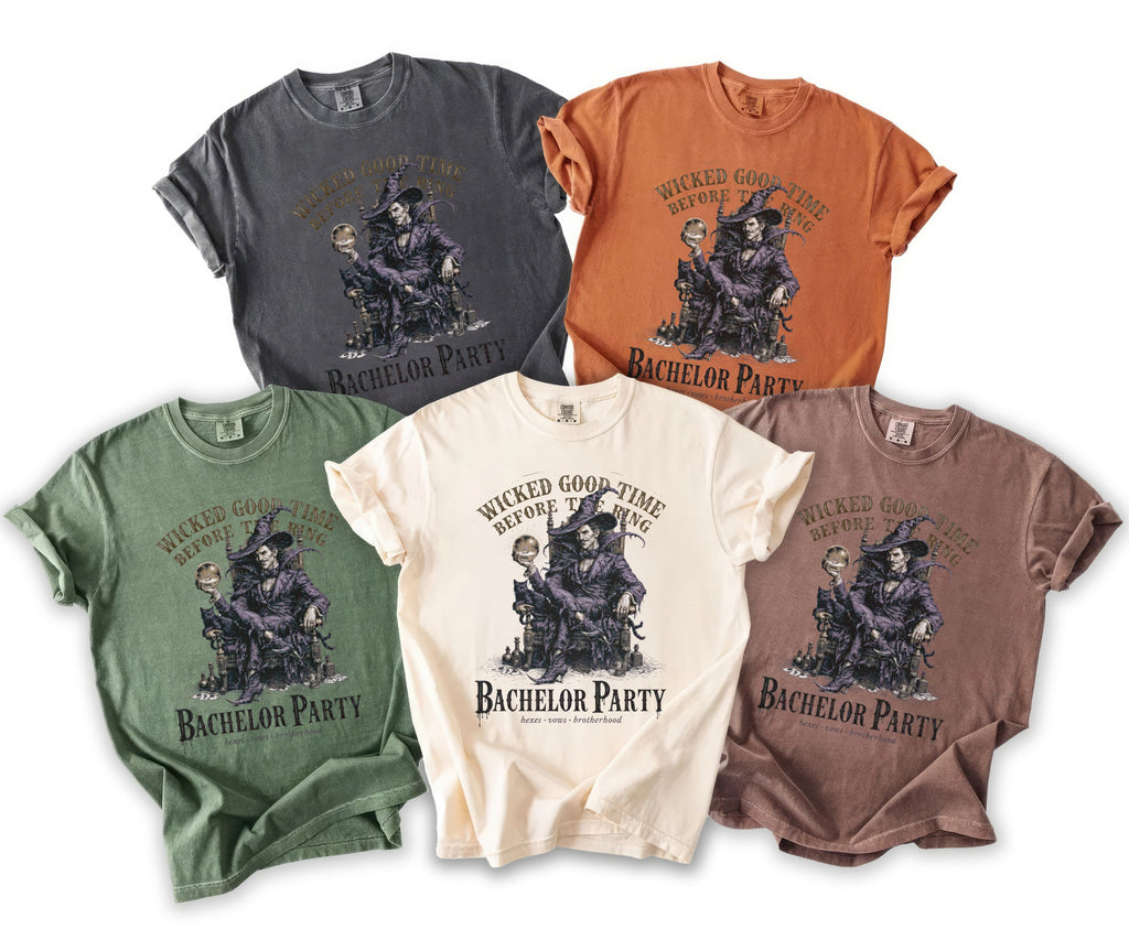 T-shirts in gray, orange, green, cream, and brown featuring a wizard graphic and "Bachelor Party" text.