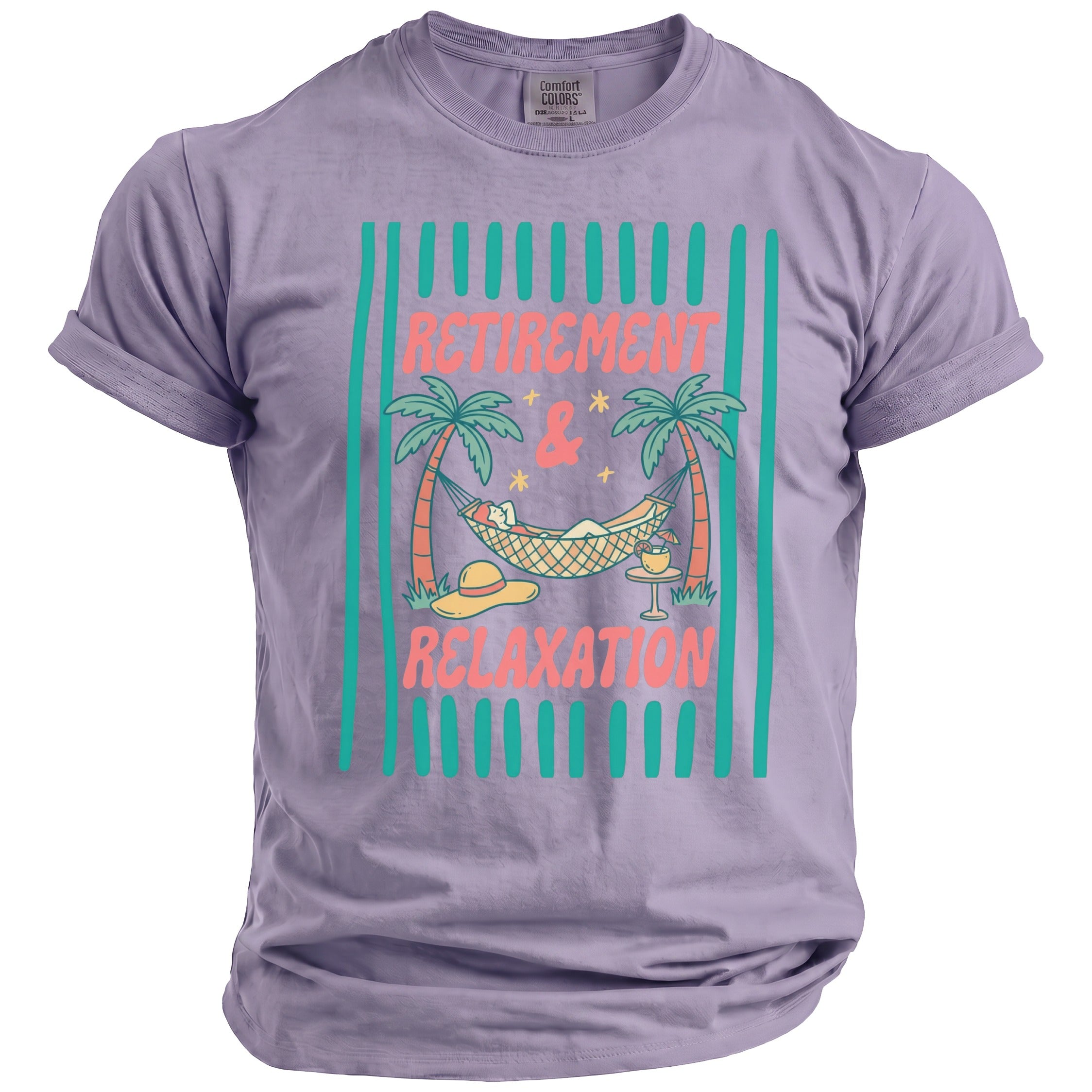 Light purple t-shirt featuring a graphic with palm trees, a hammock, and the text Retirement & Relaxation.