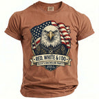 T-shirt with eagle, American flag, wedding rings, and text "Red, White & I Do" and "Alex's Bachelor Party".