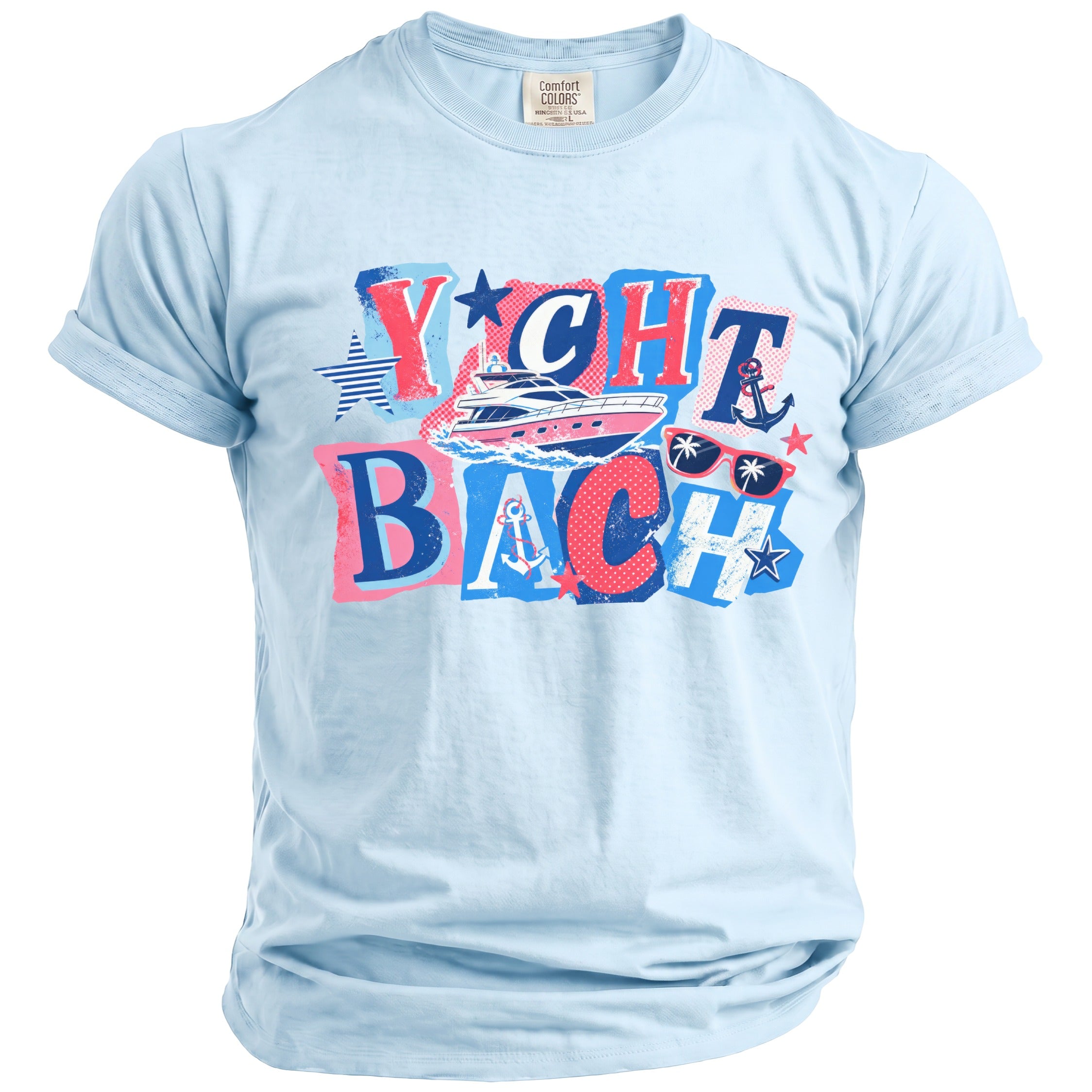 Light blue short-sleeve t-shirt with a pink, red, and blue graphic featuring a yacht, anchor, and text reading "Yacht Bach".