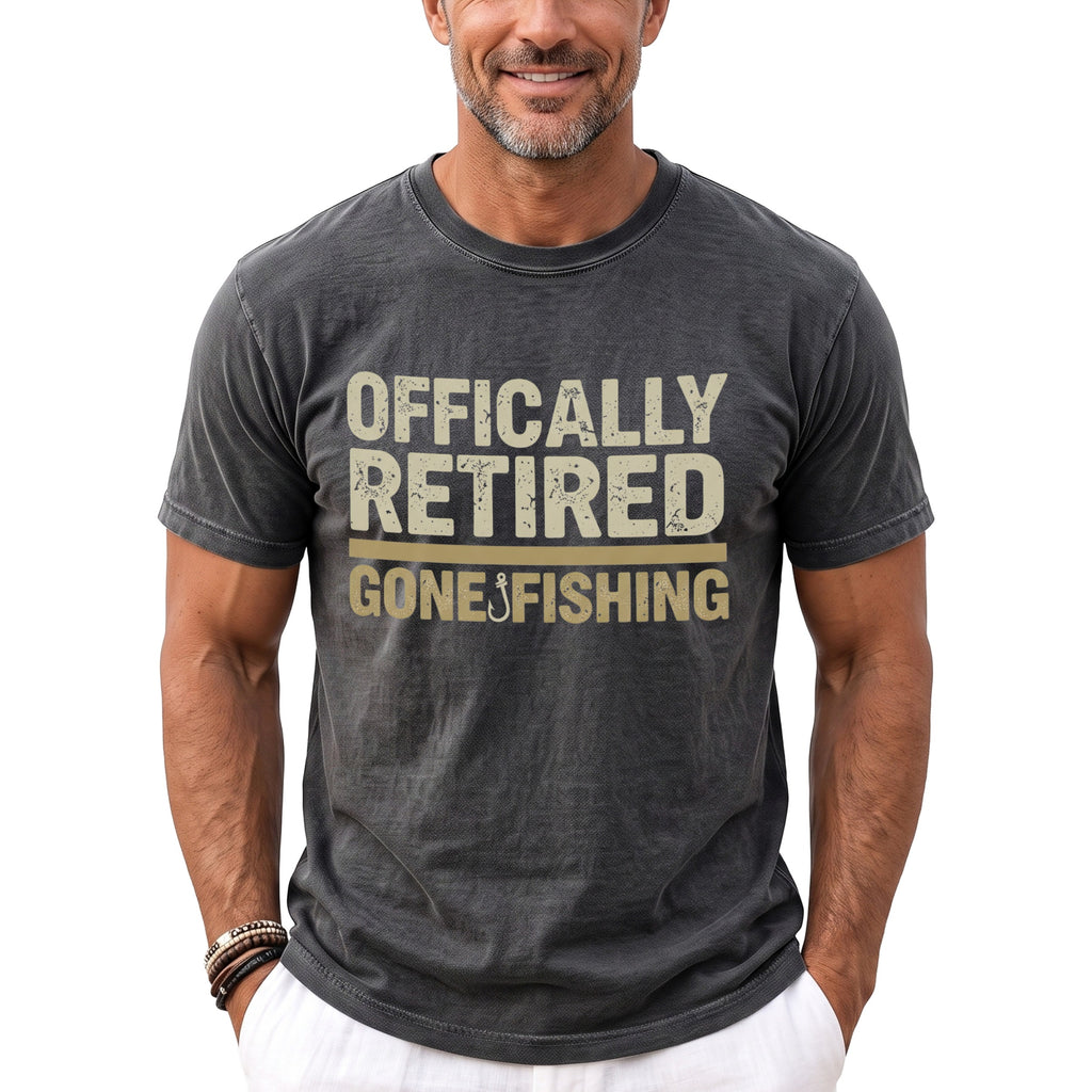 Gray t-shirt with "OFFICIALLY RETIRED GONE FISHING" graphic and fishing hook.