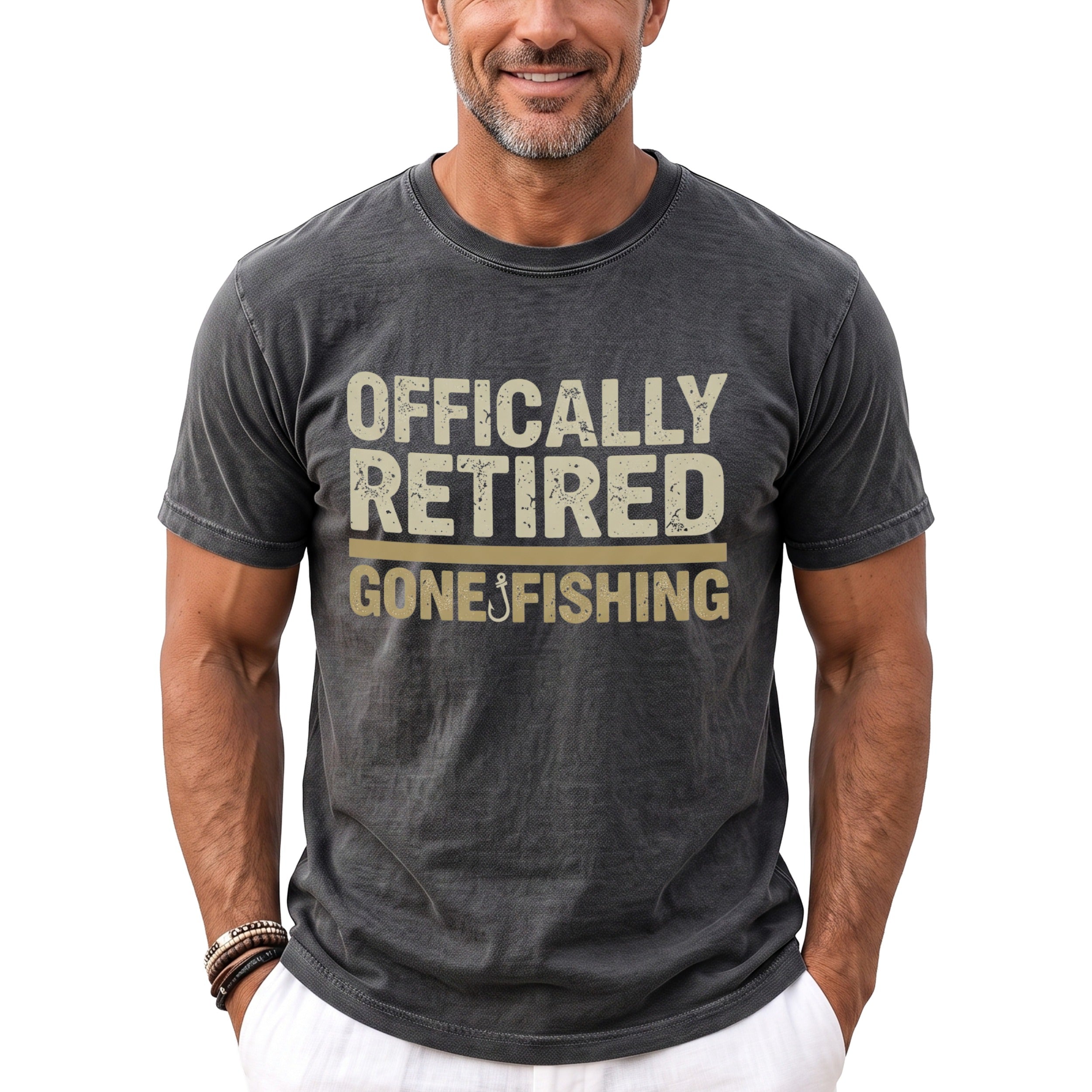 Gray t-shirt with "OFFICIALLY RETIRED GONE FISHING" graphic and fishing hook.