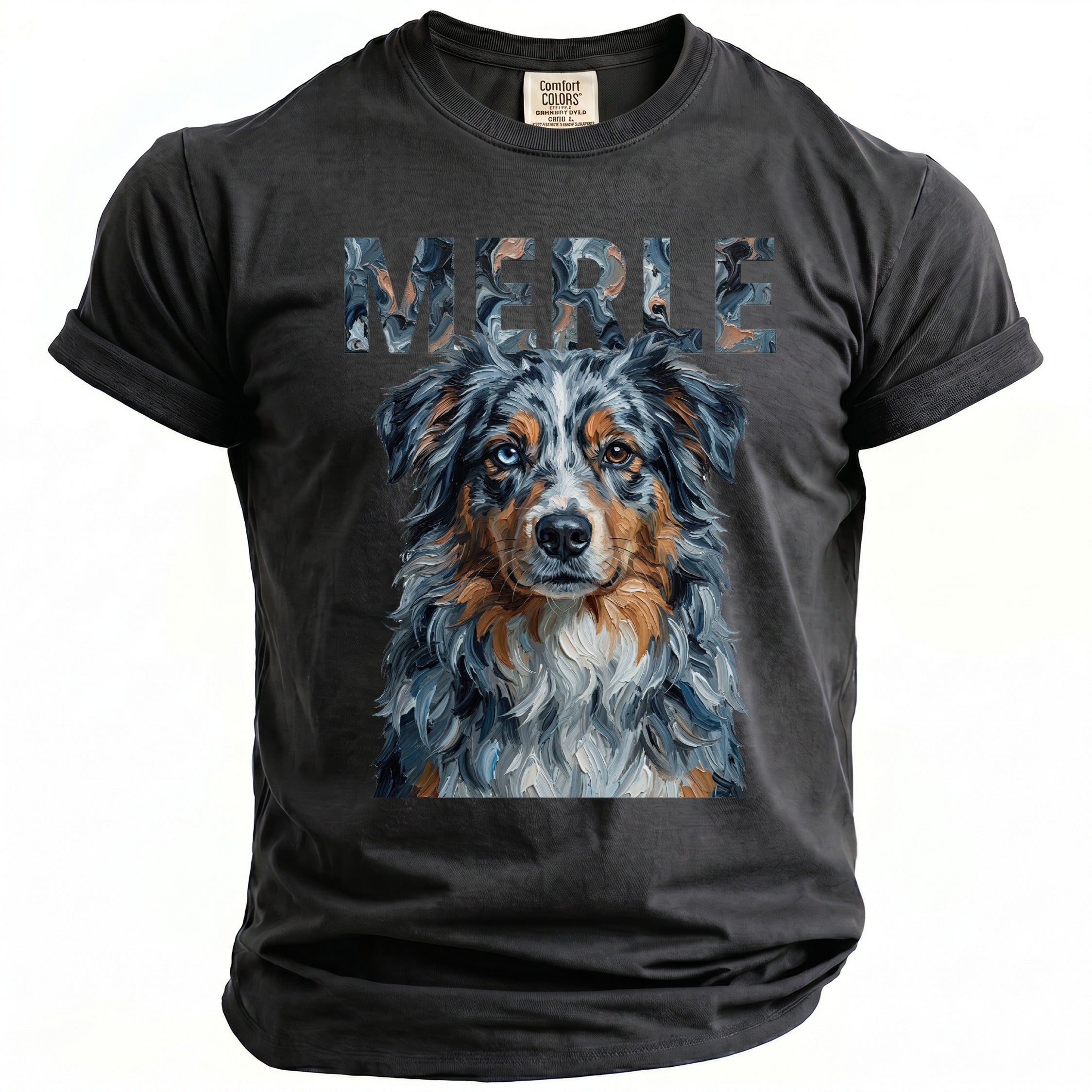 Dark grey t-shirt with "MERLE" text and an Australian Shepherd dog painting.