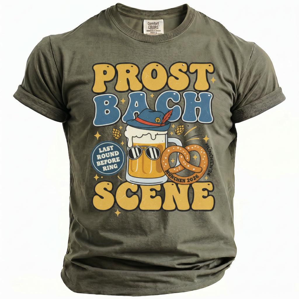 Green t-shirt with "prost bach scene" graphic featuring a beer mug and pretzel.