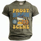 Green t-shirt with "prost bach scene" graphic featuring a beer mug and pretzel.