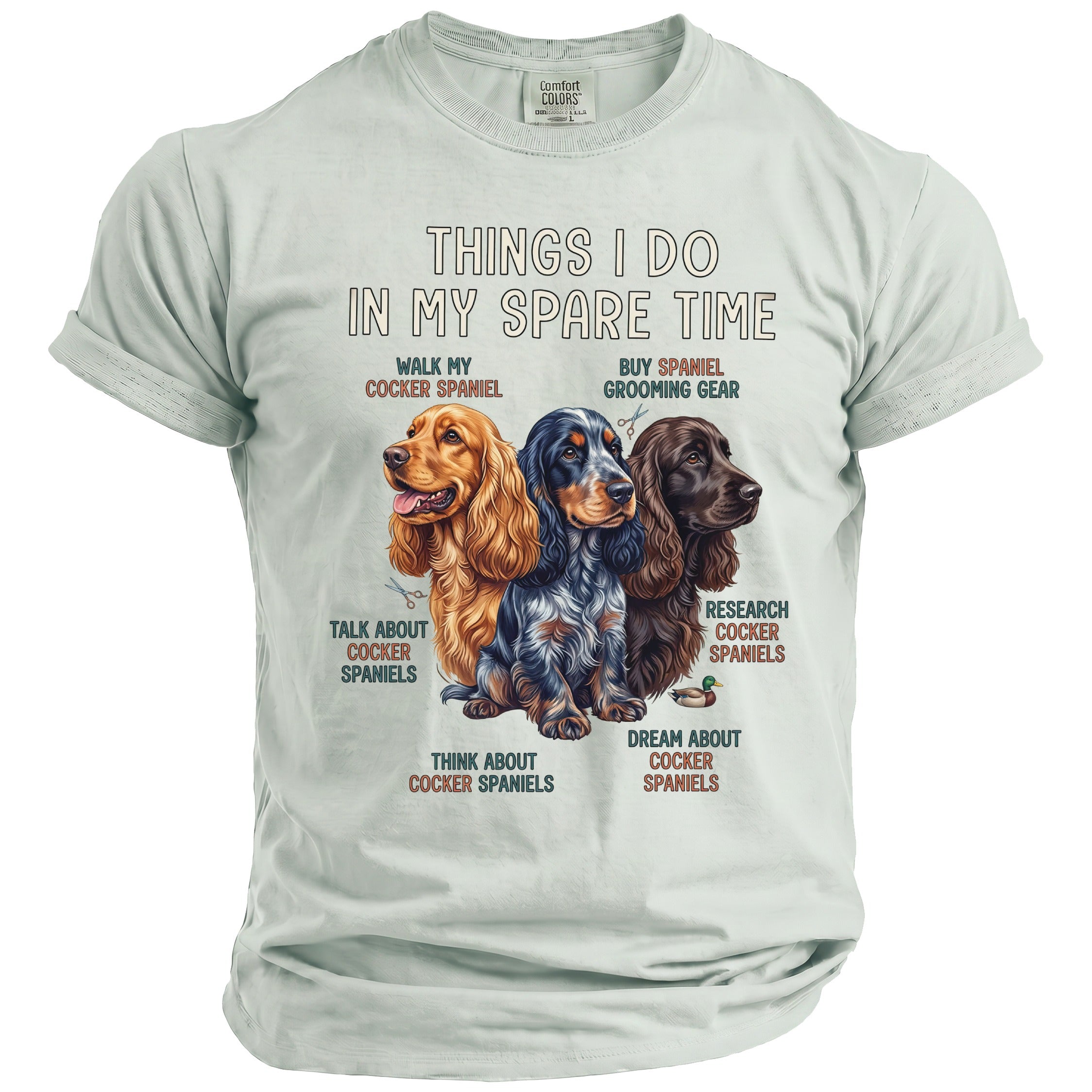 Light blue t-shirt with three Cocker Spaniels and text about their care.