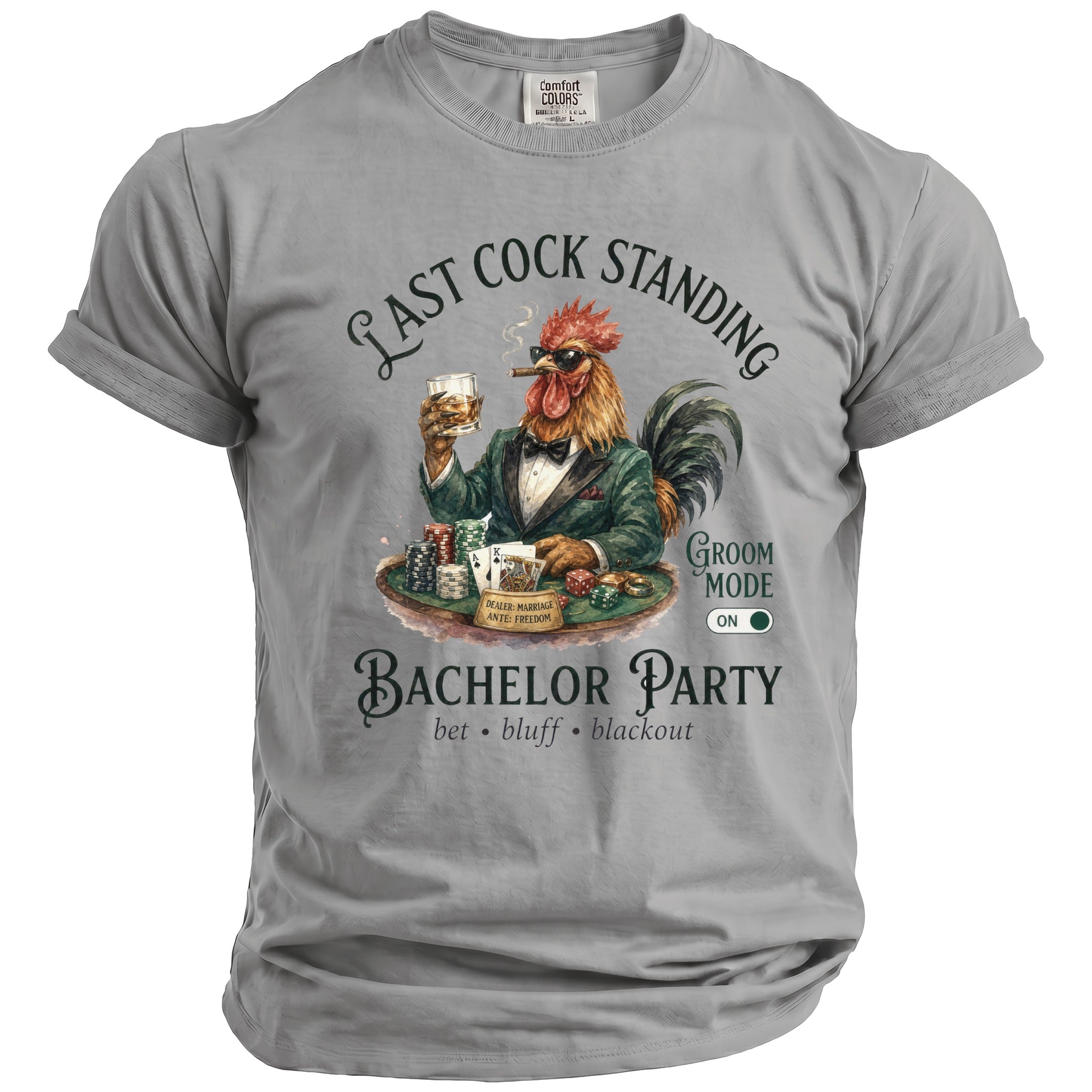 Rooster in suit plays poker with "Last Cock Standing" and "Bachelor Party" text.