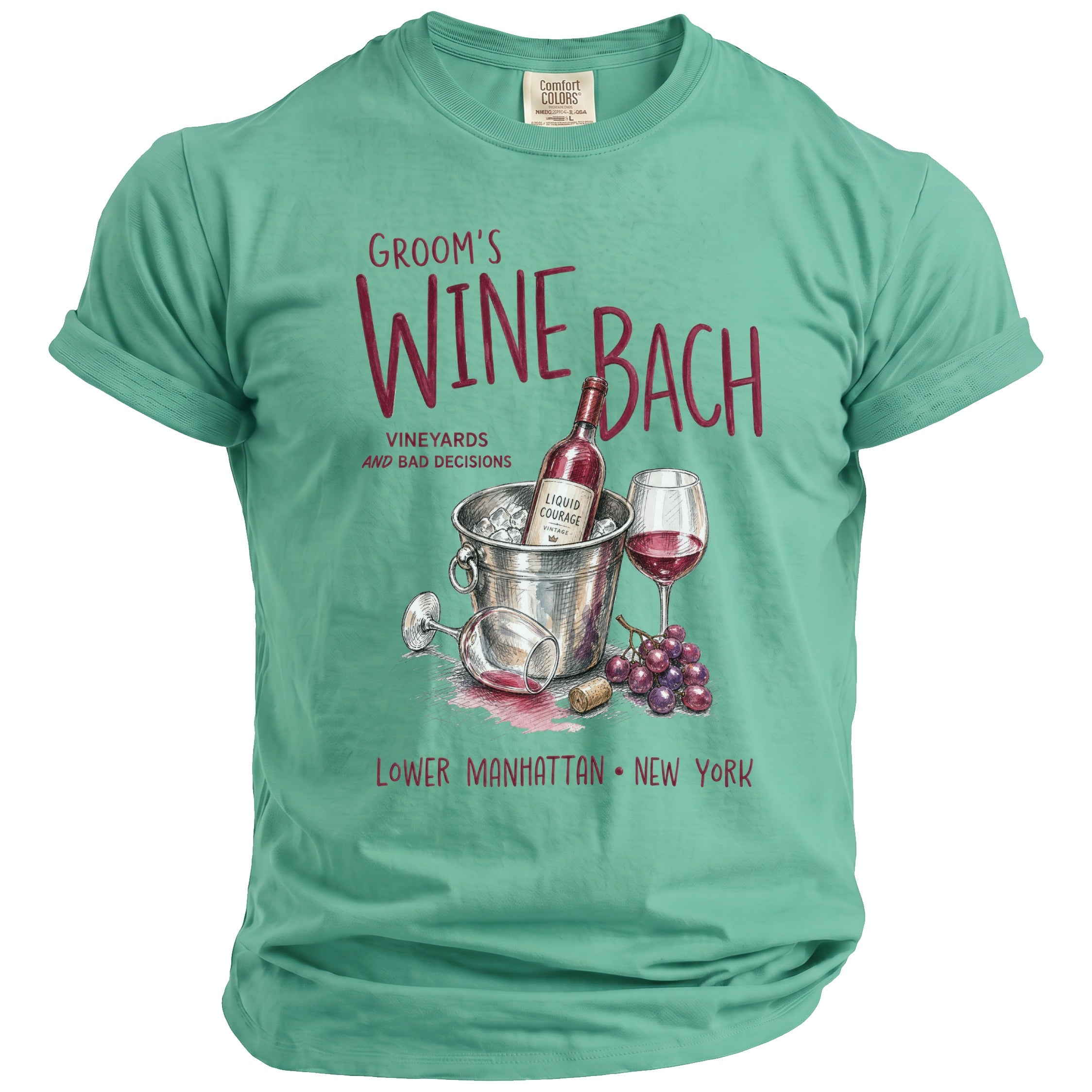 Green t-shirt with "Groom's Wine Bach" text and wine-themed graphic.
