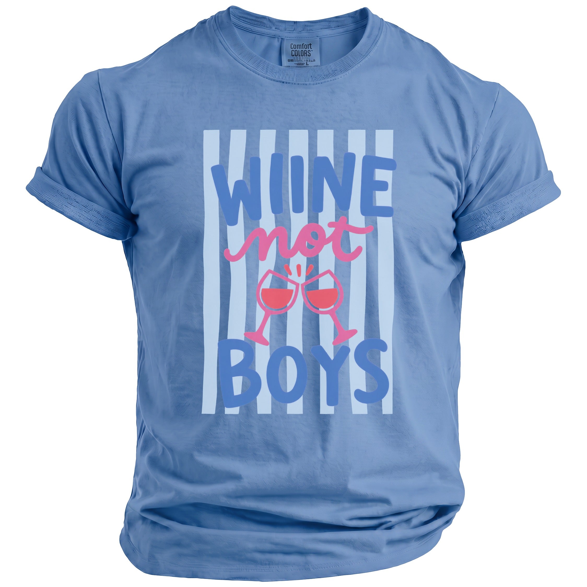 Blue t-shirt with "Wine not Boys" text and two wine glasses.